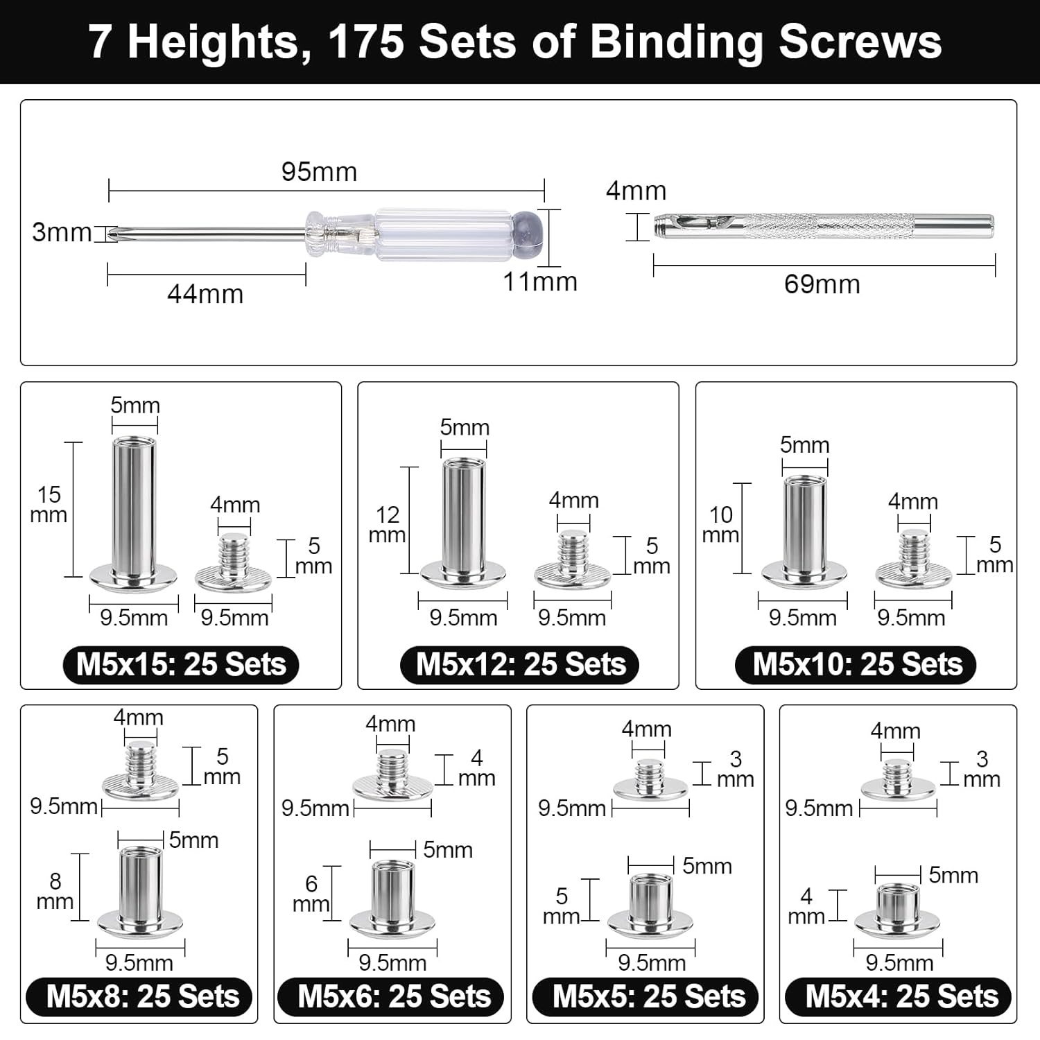 175 Set Chicago Screws, Book Screws, Screw Rivets with Screwdriver & Drilling Tool, Book Screws 4/5/6/8/10/12/15 mm, Screw Rivets for Leather, Sleeve Nut M5 for DIY Bags Shoes