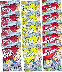 Kit Desafio SOUR 15 Pacotes | Bala Mais Azeda do Mundo | 3 Sabores (Limão, Cola e Morango) | Acidez Extrema Importada