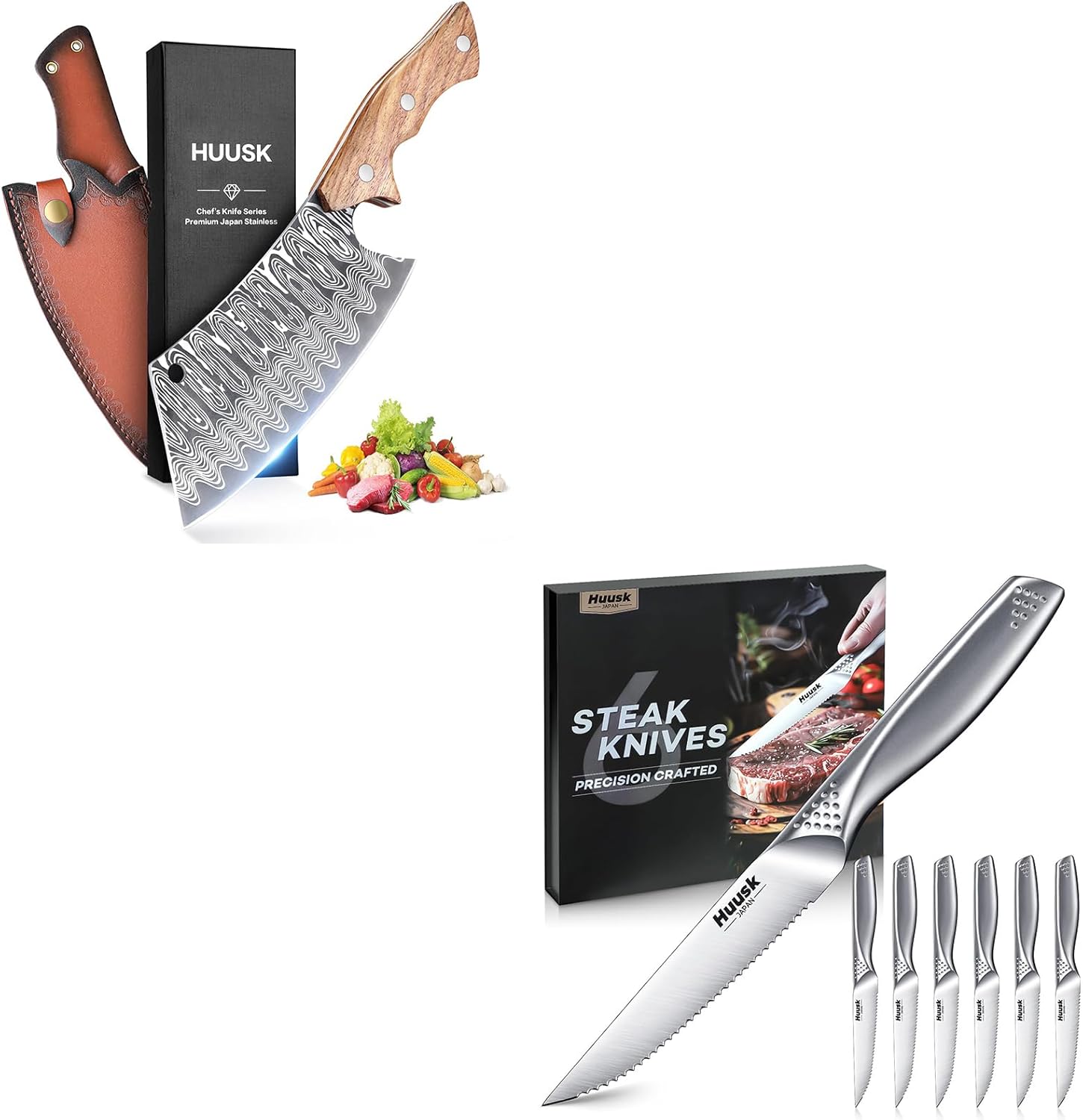 Huusk Serrated Steak Knives Set of 6 Bundle with a Hand Forged Meat Cleaver Knife,Japanese Stainless Steel Steak Knives Set,Sharp Safe Dinner Knife for Kitchen Table with Gift Box