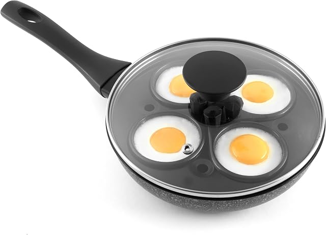 Salter BW08744SAR Megastone Platinum Non-Stick Egg Pan with 4 Poaching Cups, Scrambled, Poached & Fried Eggs, Tempered Glass Lid, Soft-Touch Handle, Metal Utensil Safe, 20 cm, Pressed Aluminium Black