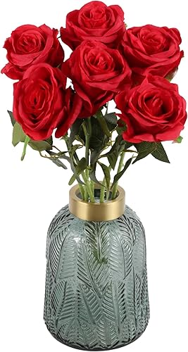 IPOPU 6 rosas artificiales de seda de color rojo profundo con hojas falsas de tallo largo, rosas artificiales de tallo largo adecuadas para bodas,