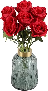 6PCS Deep Red Silk Rose Artificial Flower with Long Stem Fake Leaf Roses