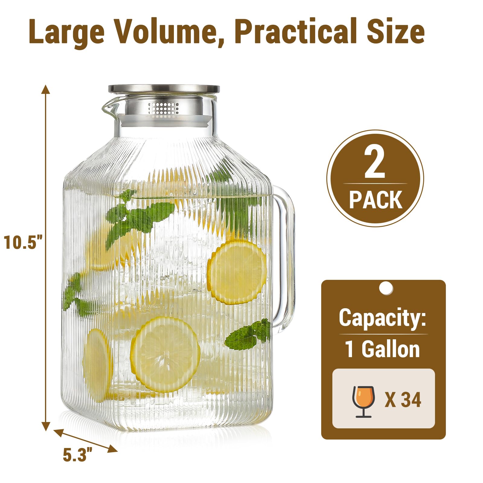 Paquete de 2 jarras cuadradas de vidrio grueso de 1 galón con tapa, jarras de agua de rayas clásicas para refrigerador, jarra de vidrio de borosilicato para bebidas calientes y frías, jarra