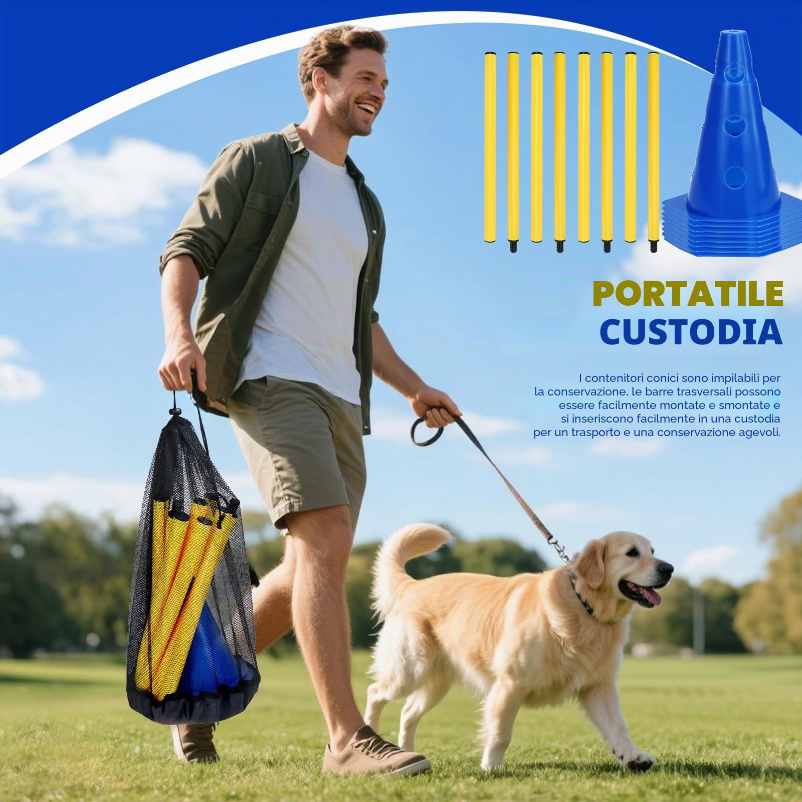 Set di agilità BHHTBB per cani, ostacoli per bambini e cani, per saltare, cavalletto per cani, 8 coni da 23 cm di altezza + 8 pali da 80 cm di lunghezza, per esercizi di addestramento