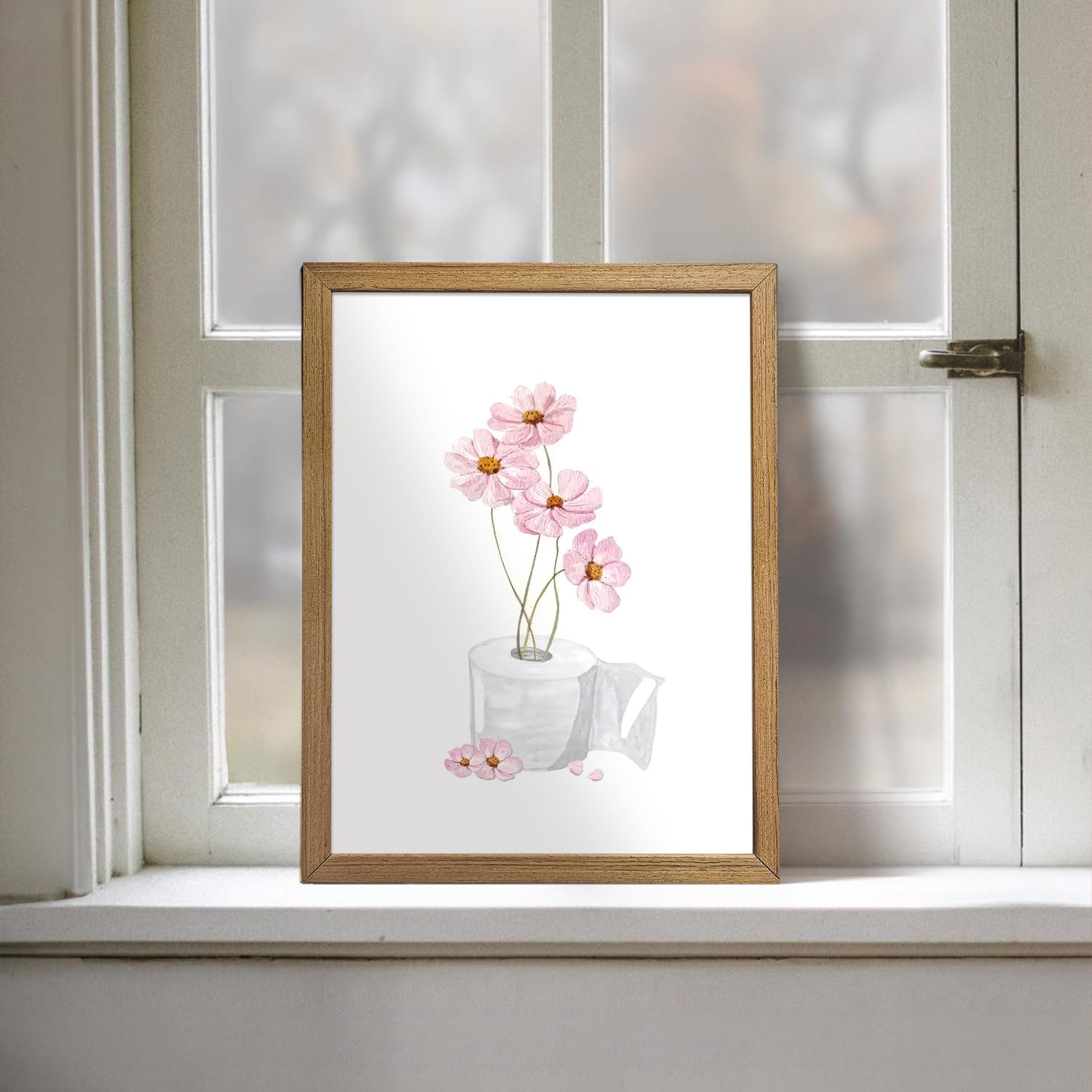 Pink Bathroom Wall Art Floral Toilet Paper Canvas Print Pink Watercolor Bathroom Wall Decor for Women Funny Girls Restroom Painting Girly Toilet Posters Pictures Ready To Hang16x24in Framed