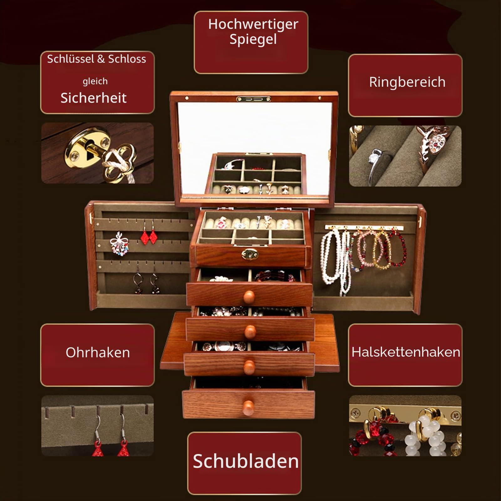 Changsuo Schmuckschatulle aus Holz für Damen, Massivholz-Organizer mit Kombinationsschloss für Schmuck, Halsketten, Ringe, Aufbewahrungsbox im Vintage-Stil mit Spiegel (Kirsche)