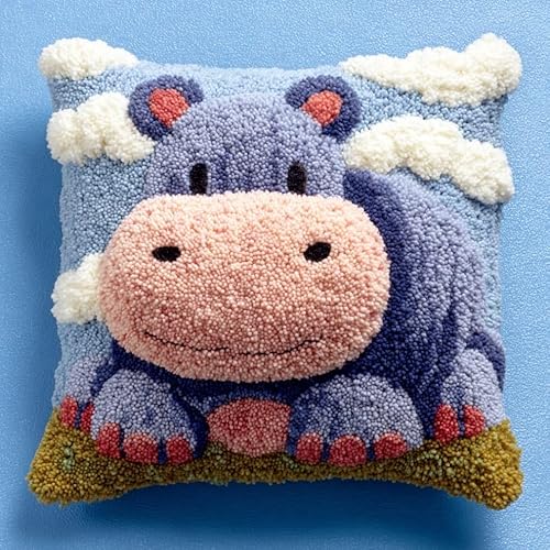 AxiangziK Latch Hook Kits for Adults,Cartoon Hippo Latch Hook Pillow Kits,17x17in Crochet Yarn Kit for Beginners,DIY Needlework Crafts Cover Case with Printed Canvas