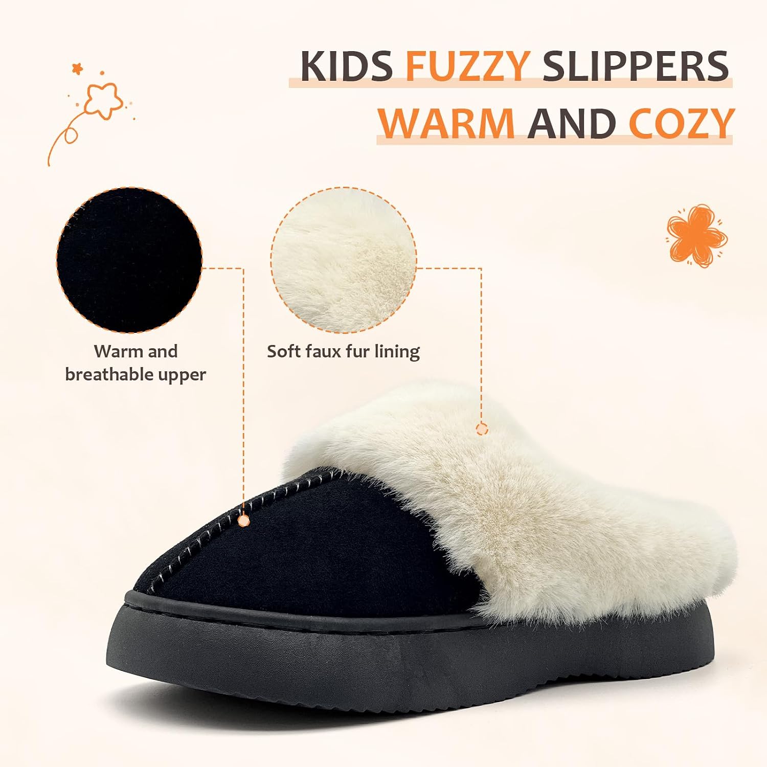 Fuzzy House Slippers for Kids Girls Boys-Soft Fluffy Platform Memory Foam Warmth Non-Slip Slides,Indoor/Outdoor,Big Kids