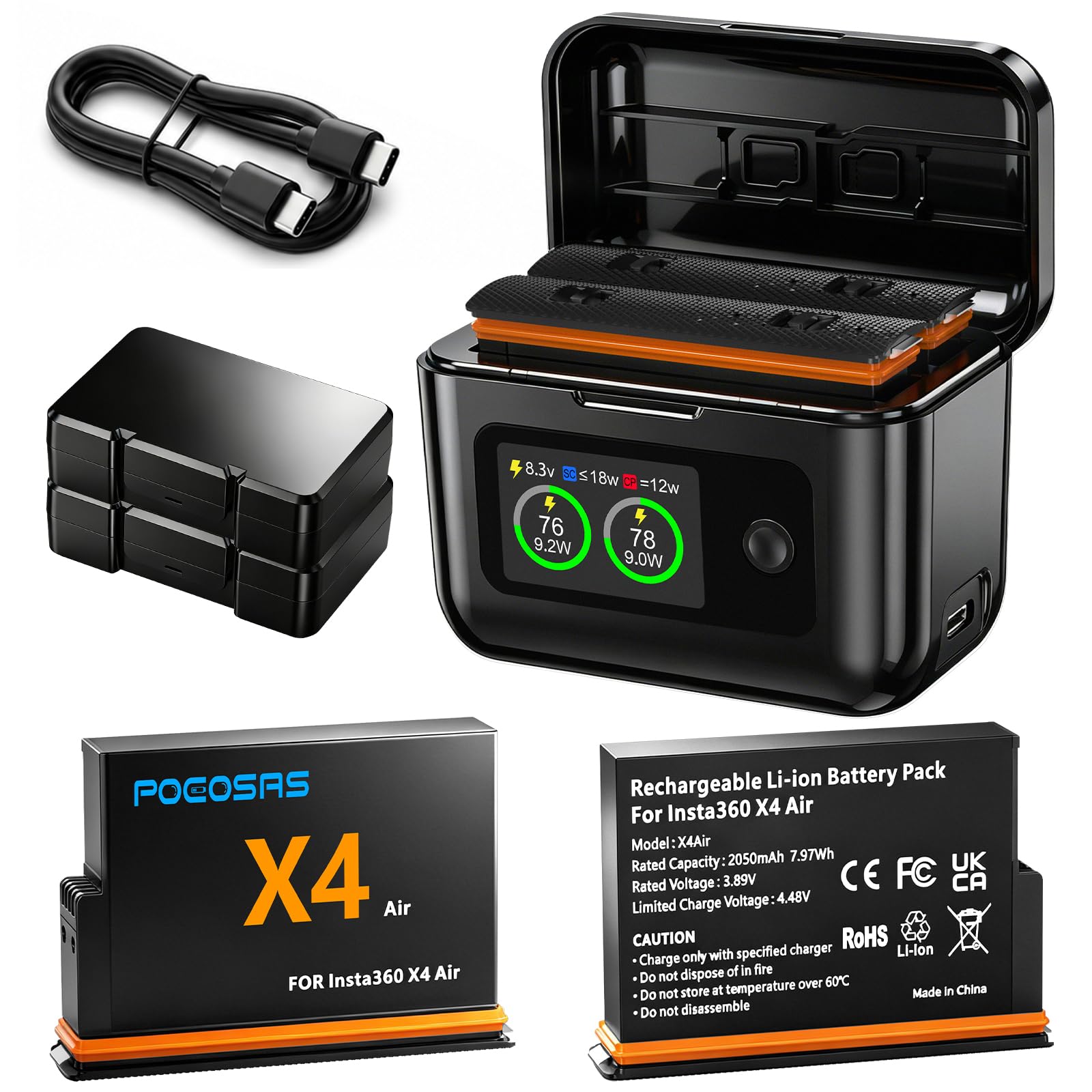 360 x4 Air 2 Pack Batteries with LCD Charger for Insta360 X4 Air