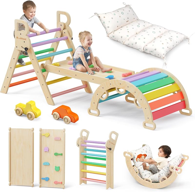BlueWood Pikler Triangle Set with Cushion, Wooden Climbing Toys for Toddler | Foldable 9-in-1 Montessori Philosophy Toddler Climbing Toys Indoor with Reversible Ramp, Arch and Ladder - Rainbow