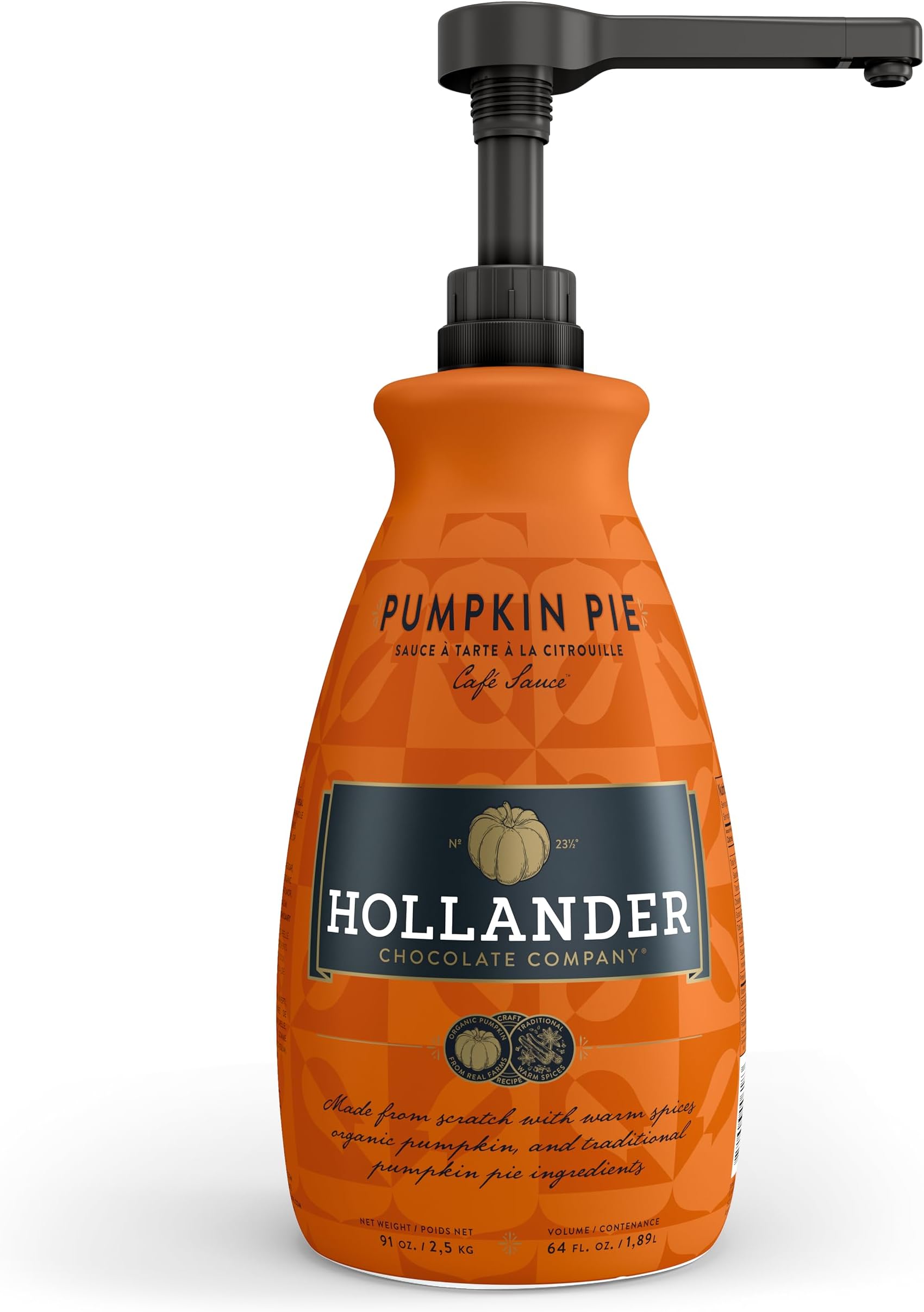 Hollander Pumpkin Pie Sauce | Made with Organic Pumpkin and Warm Spices | Net Wt. 91 oz. – 64 fl. oz. | Pump Included