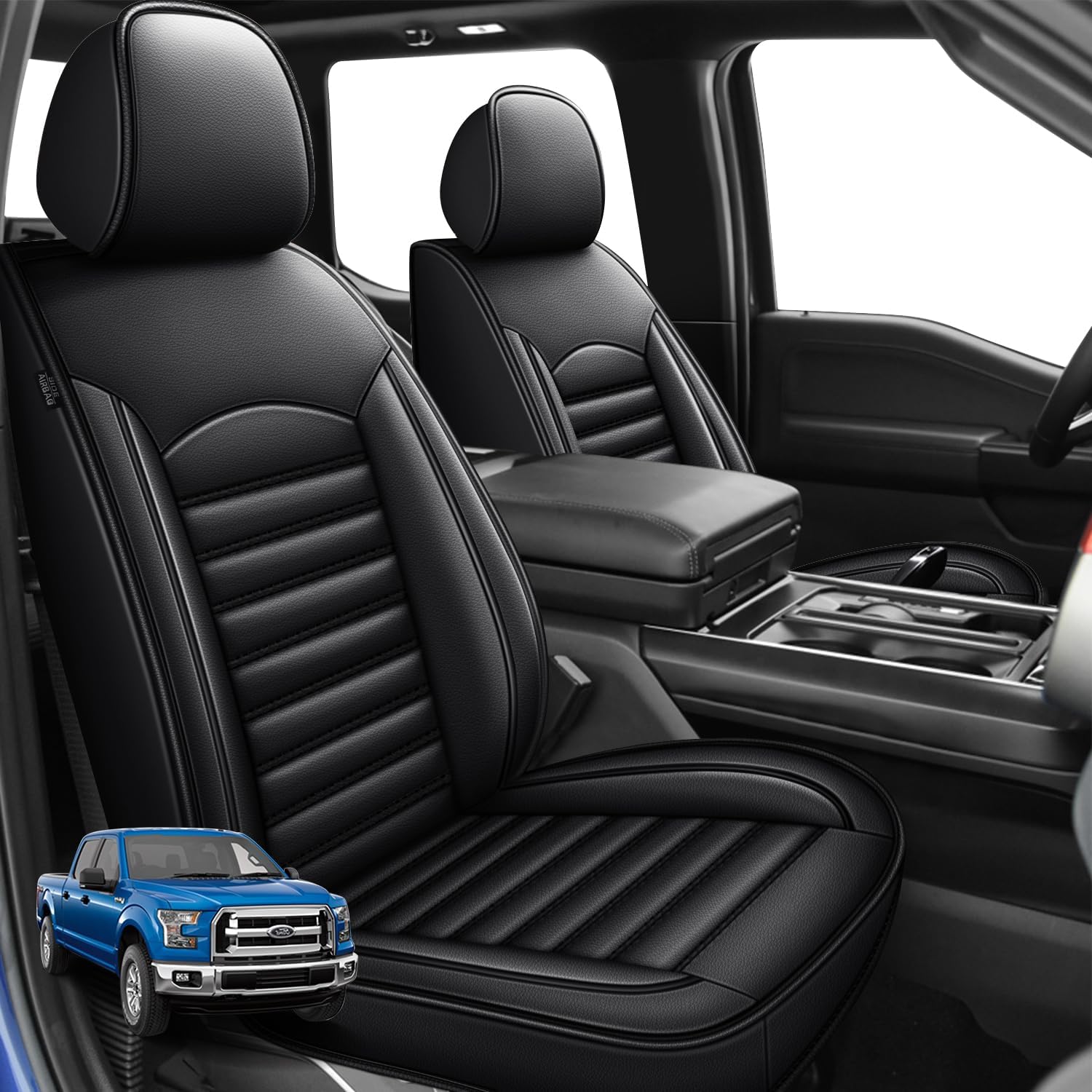 Seat Covers for Ford F150 2009-2023 2024 - F250/F350/F450 2017-2024 Waterproof Leather Truck Car Seat Covers Full Set (5 Seat, Black Line)