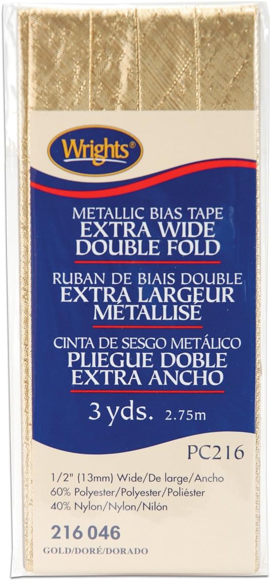 Wrights Double Fold Lame' Bias Tape 1/2" X3yd, Gold