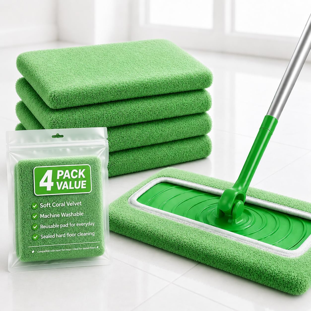 4 Pack Reusable Microfiber Mop Pads Compatible with Swiffer Sweeper, Machine Washable Wet and Dry Sweeping Refills for Sealed Hardwood, Tile, Laminate 10 x 4.5 Inch (Green)