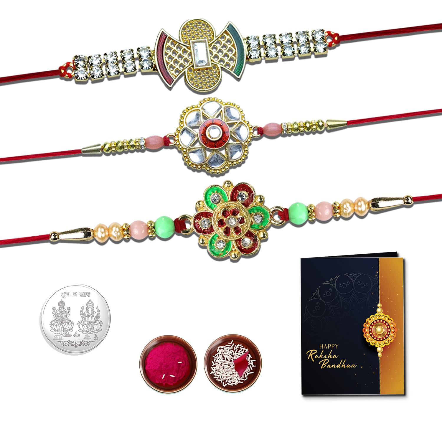 Rakhi Set for Brother -Kundan Diamond Red White CircleFloral Art Rakhi Set of 3, Silver Colour Coin, Greeting Card – Raksha Bandhan Gift Combo for Bhai-image-33