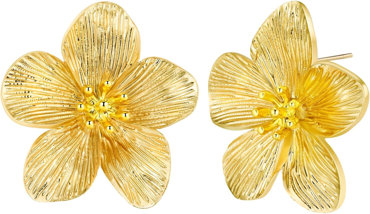18K Gold Plated Large Chunky Flower Statement Earrings for Women by SNGIA, Summer Beach Floral Handmade Drop Jewelry, Maximalist Wedding Date Birthday Gift, Bold Exaggerated Textured Dangle Trendy Ribbed Jewelry, 18K Gold Plated Chandelier Fashion Accessories, Vintage Hammered Thick Nickle Free Gifts.
