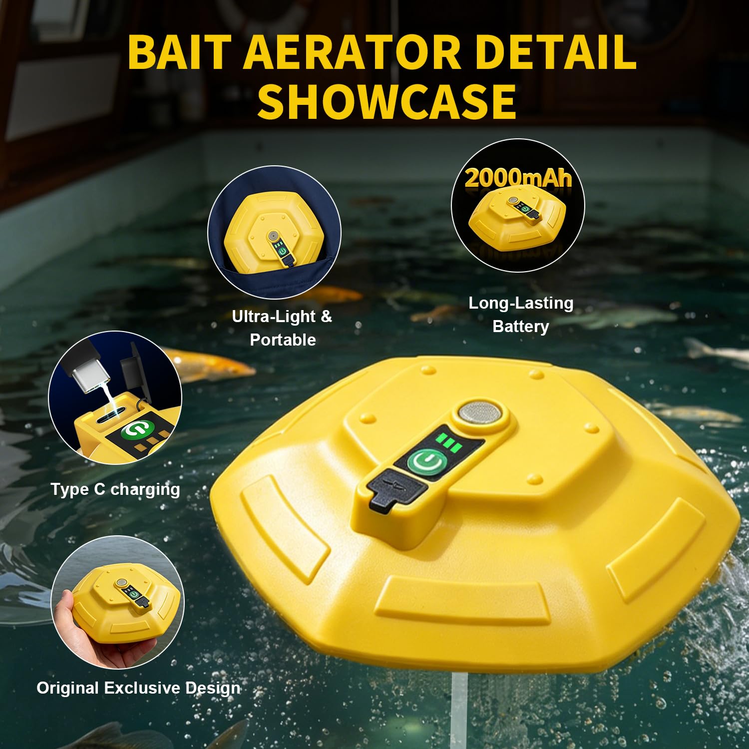 Aireador flotante para cubo de cebo burbujeante, IPX7, impermeable, recargable, pececillo vivo, aireador con carga magnética, aireador portátil para sujeción de peces