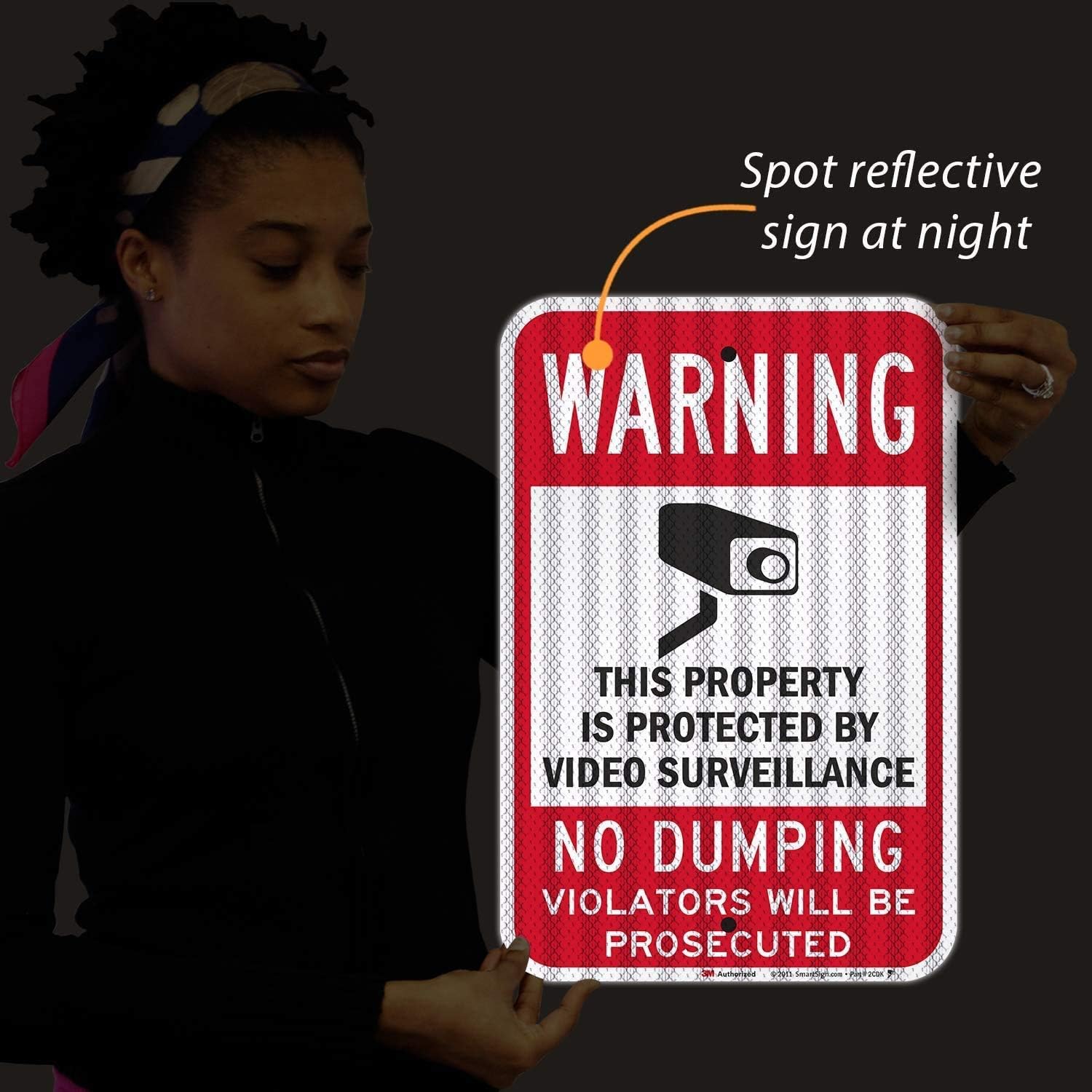 SmartSign-K-7484-HI Warning - Property Protected By Video Surveillance, No Dumping Sign By | 12" x 18" 3M High Intensity Grade Reflective Aluminum , Black/Red on White