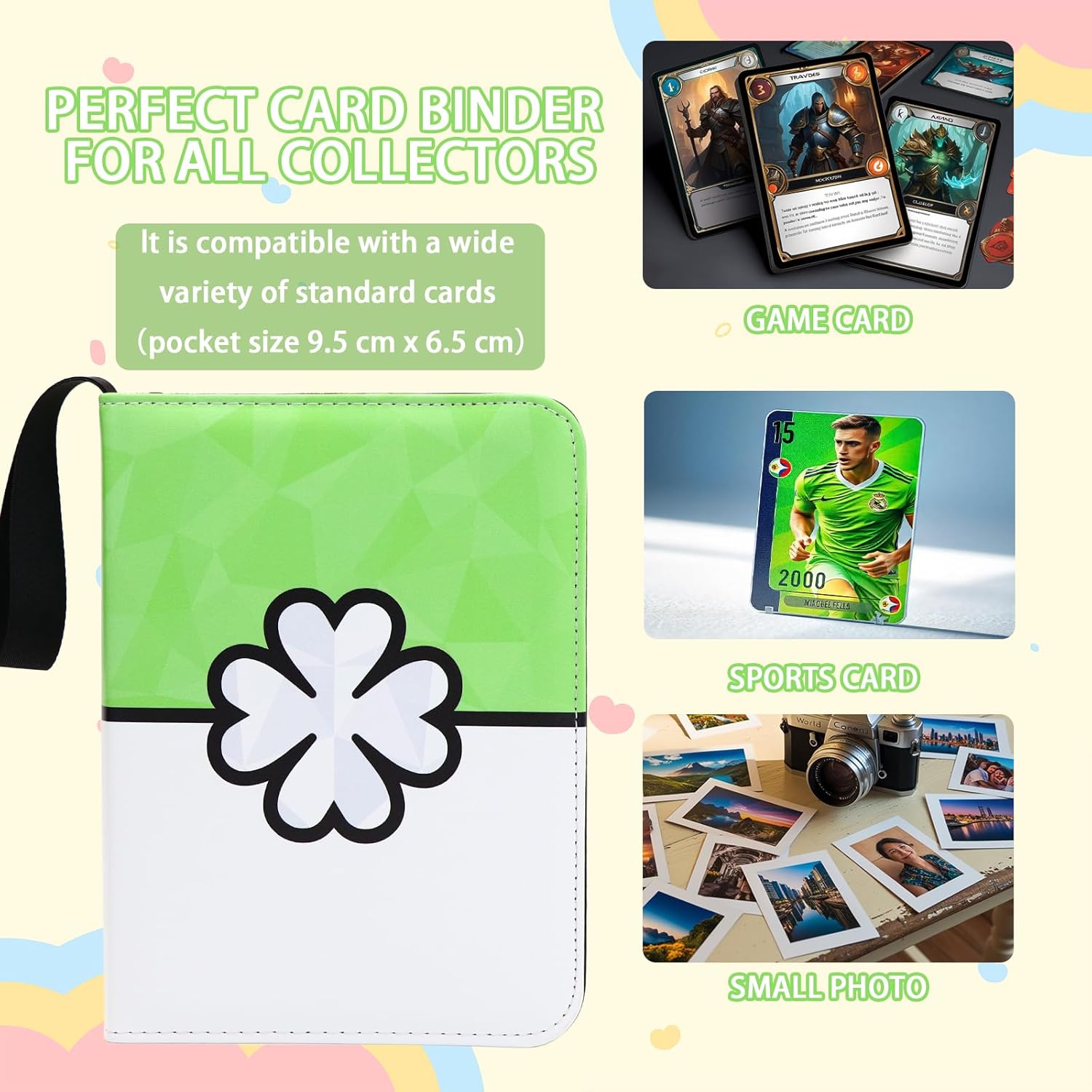 Card Binder Gem Card Holder Album Trading Cards Holder Zipper Polygonal Abstract Binder for Collection (Green, 400 Pocket)