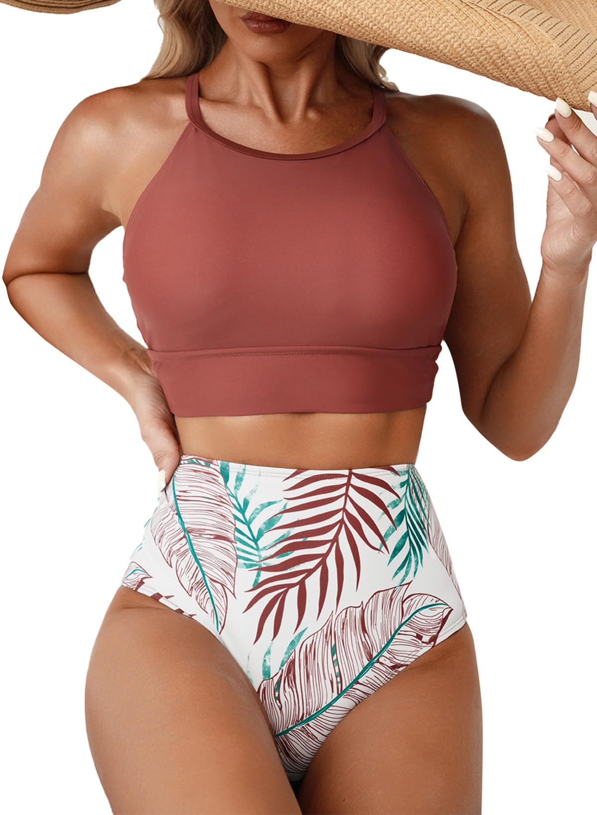 Herseas Womens Bikini Sets High Neck Tropical Leaf Print High Waisted Two Pieces Swimsuits Bathing Suits