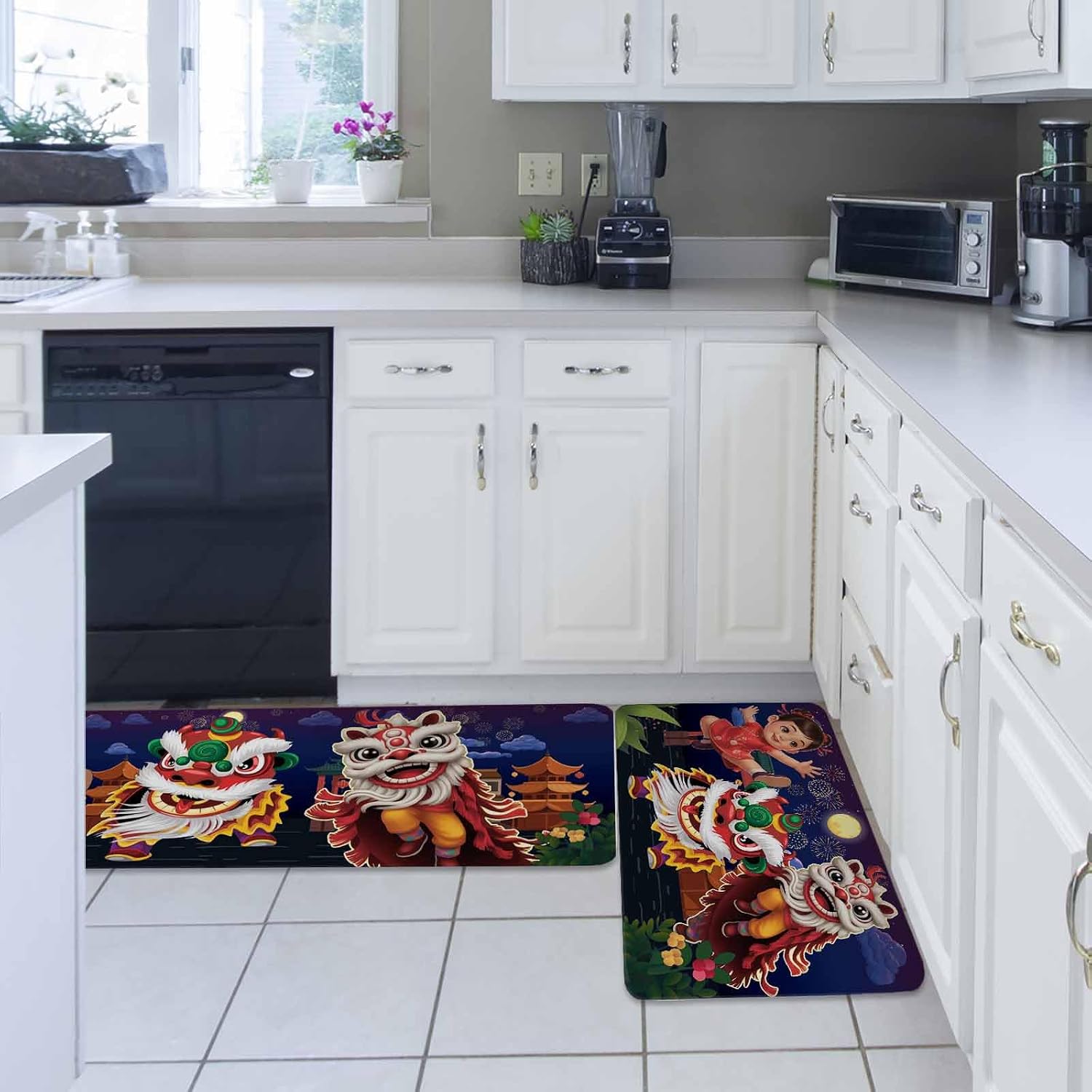 Happy New Year Kitchen Rugs and Mats Set of 2, Non-Slip Kitchen Sink Mat, Cartoon Girl Oriental Dance Lions Fireworks Washable Doormat Bathroom Rugs Runner for Bedroom 15.7"x23.6"+15.7"x47.2"
