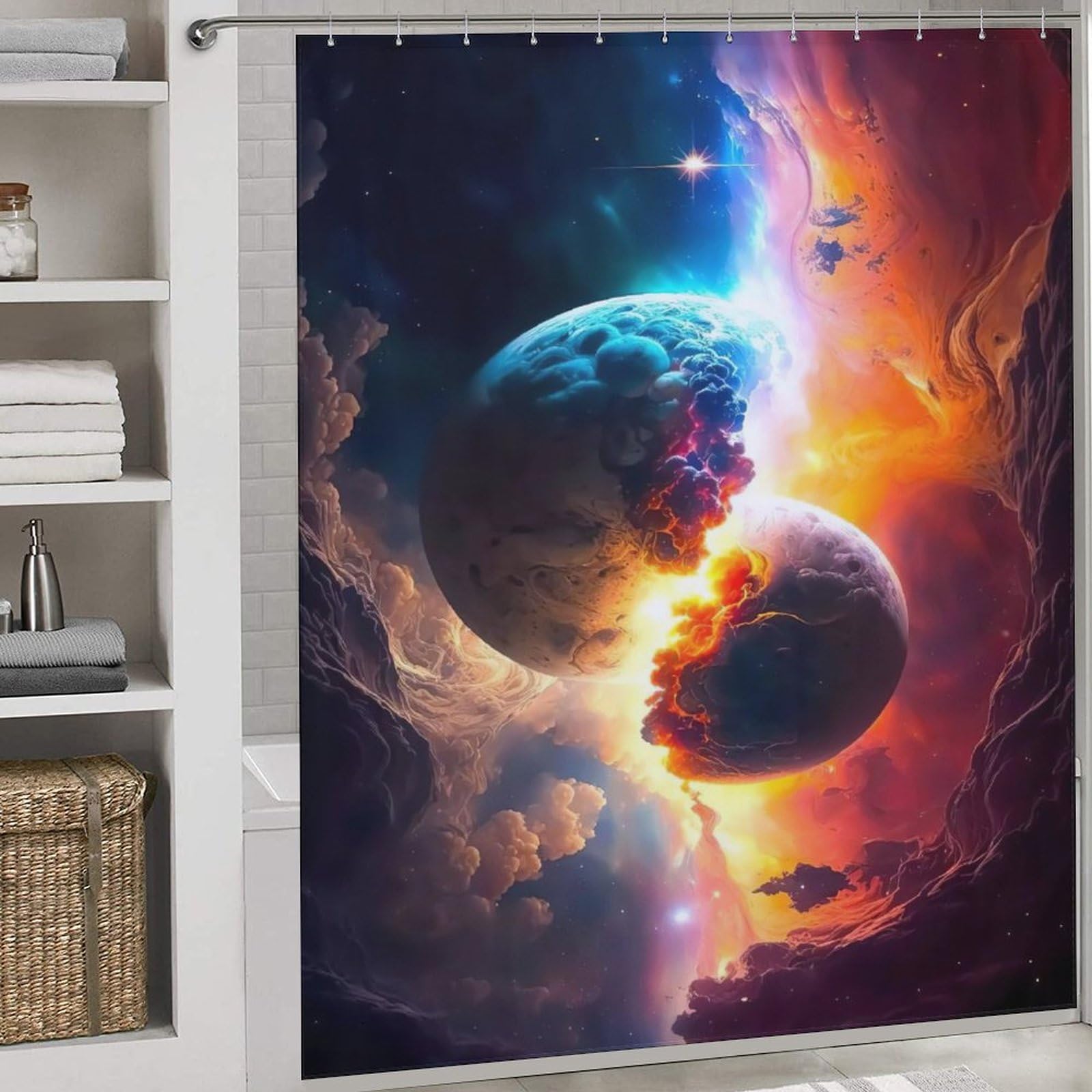 Rideau de douche planète ciel étoilé imperméable 183x183 cm avec crochets pour salle de bain