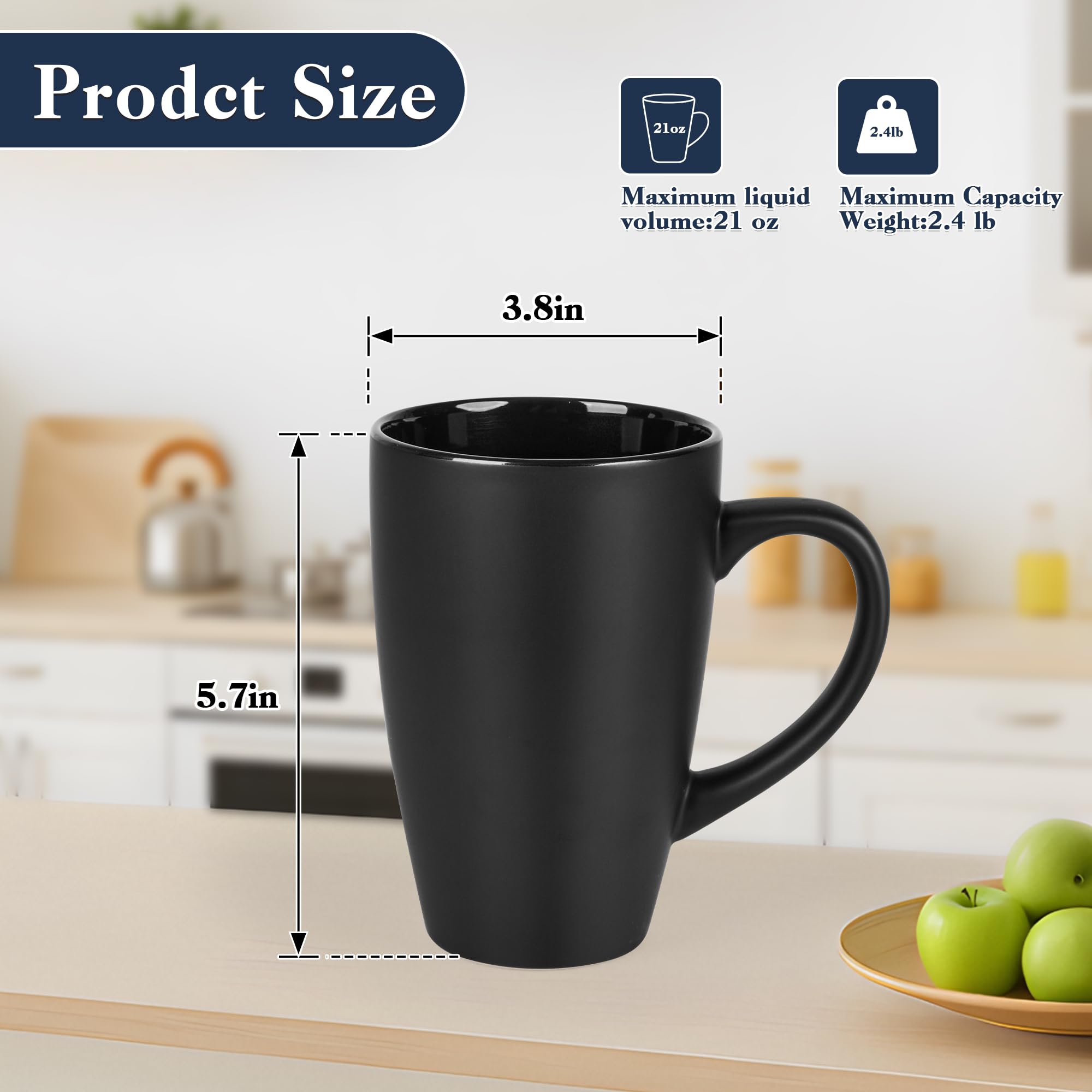 BYCNZB Juego de 4 tazas de café altas de cerámica extra grandes de 20 onzas para café, té, cacao caliente, aptas para lavavajillas y microondas (negro mate)