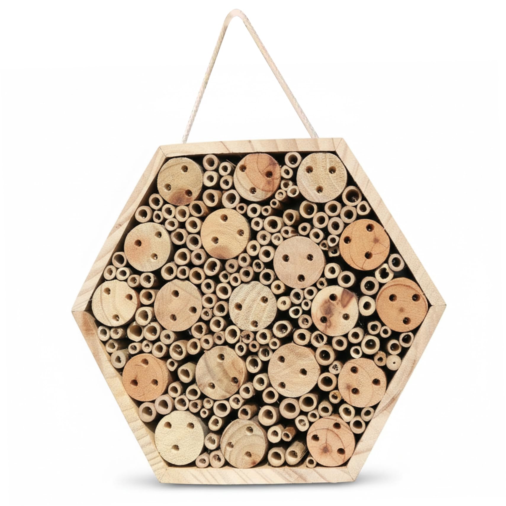 Bug Hotel, casetta esagonale in legno per giardino, hotel naturale con corda appesa, casa per api muratore per esterni per attirare impollinatori, decorazione da giardino per insetti