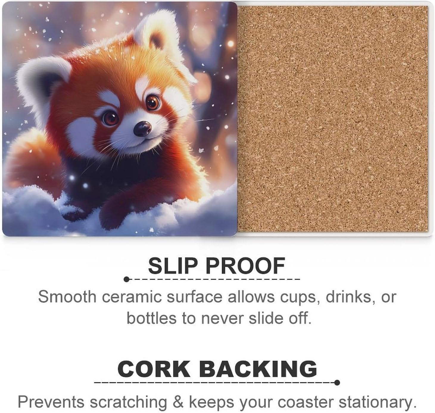 Red Panda Coasters for Drinks Square Ceramic Coasters Cup Mats with Cork Base