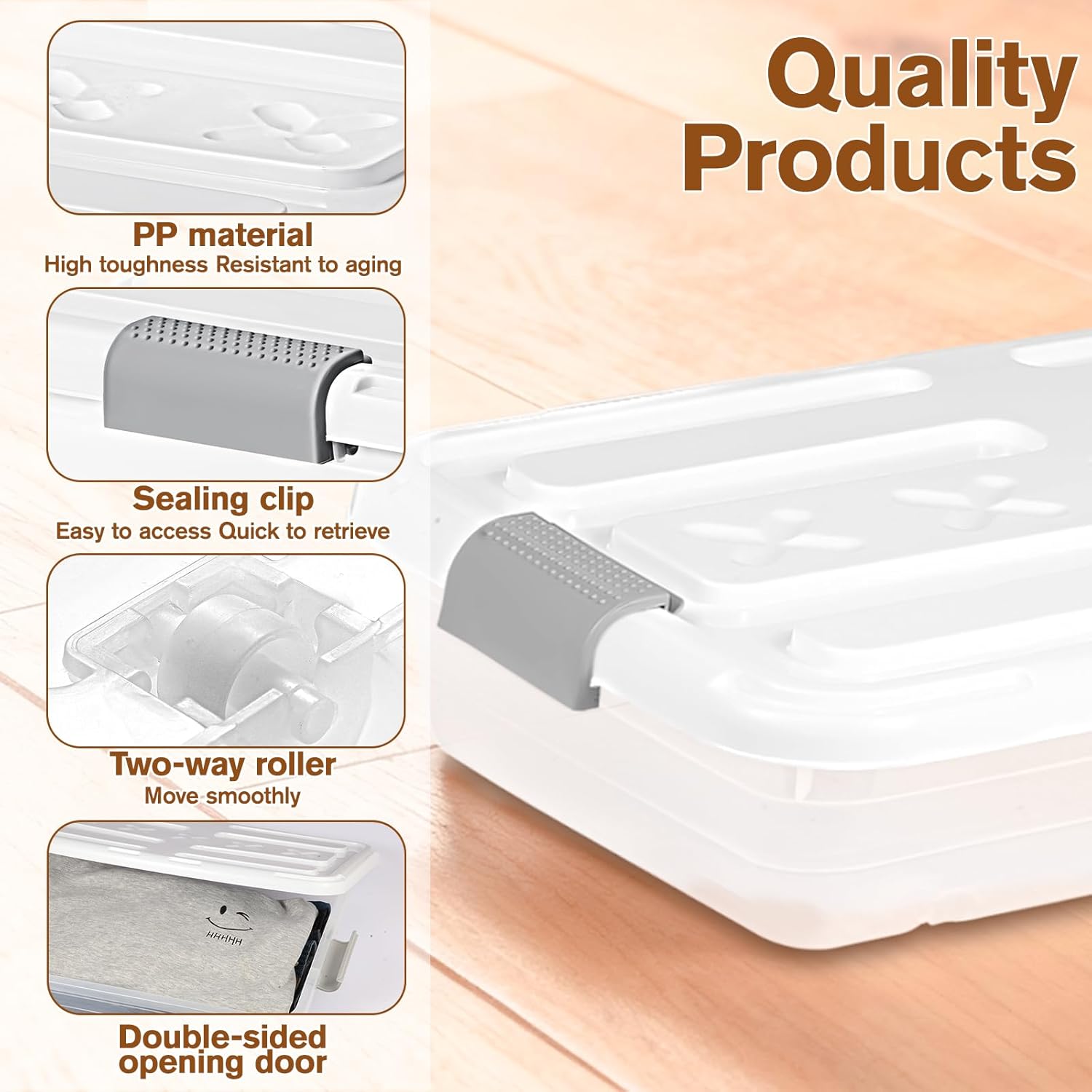 4 PCS*37 Qt Wheeled Latching Under Bed Storage, Stackable Bin with Latch Lid, Plastic Container to Organize Shoes Underbed, Clear with White Lid(White)