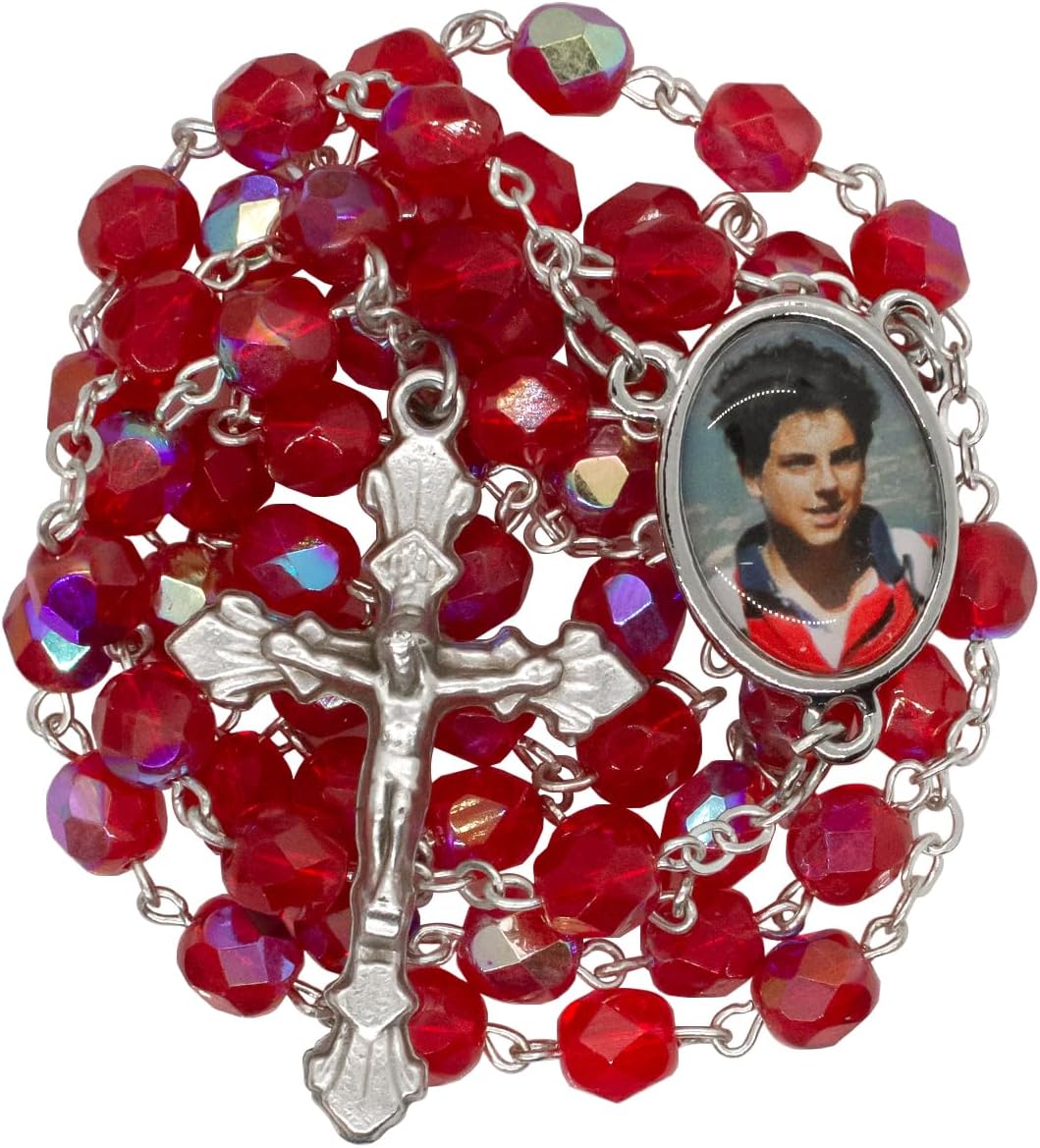VILLAGE GIFT IMPORTERS Saint Carlo Acutis Rosary and Prayer Card Set |19" Catholic Rosary with Red Glass Beads | Patron Saint of Youth and the Internet