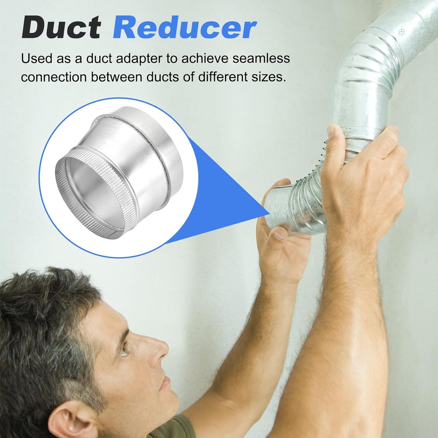 2 Pcs Eccentric Duct Reducer (8" to 7") - Galvanized Steel Crimped End Ducting Connector Increaser Round Air Duct Adapter Pipe Vent Inline Fitting for HVAC Ventilation, Silver