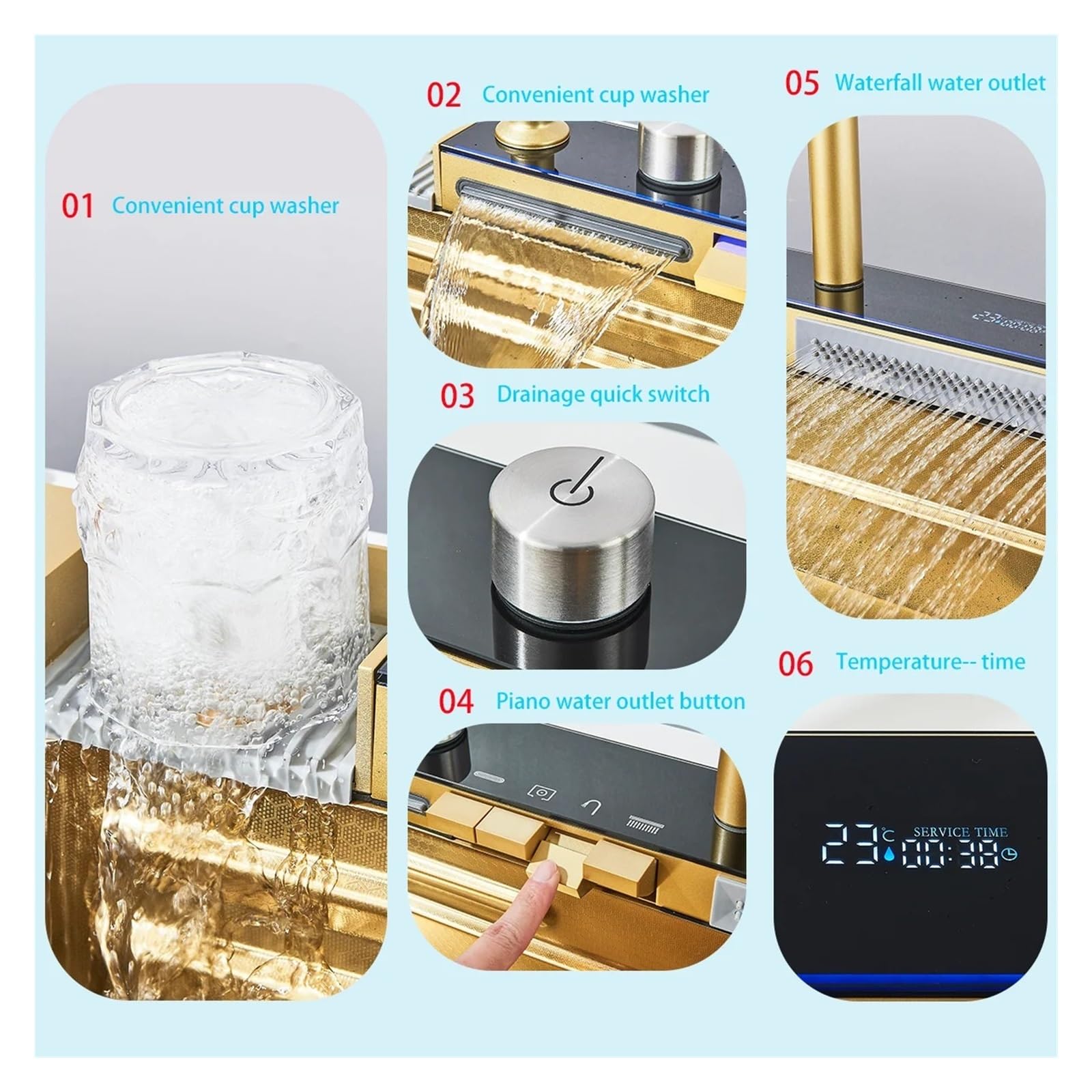 Juego De Grifería Con Pantalla Digital Integrada, Botón Ranura Única, Cocina Moderna, Estilo Cascada, Acero Inoxidable 304, Oro Pulido FáCil De Limpiar Y Mantener