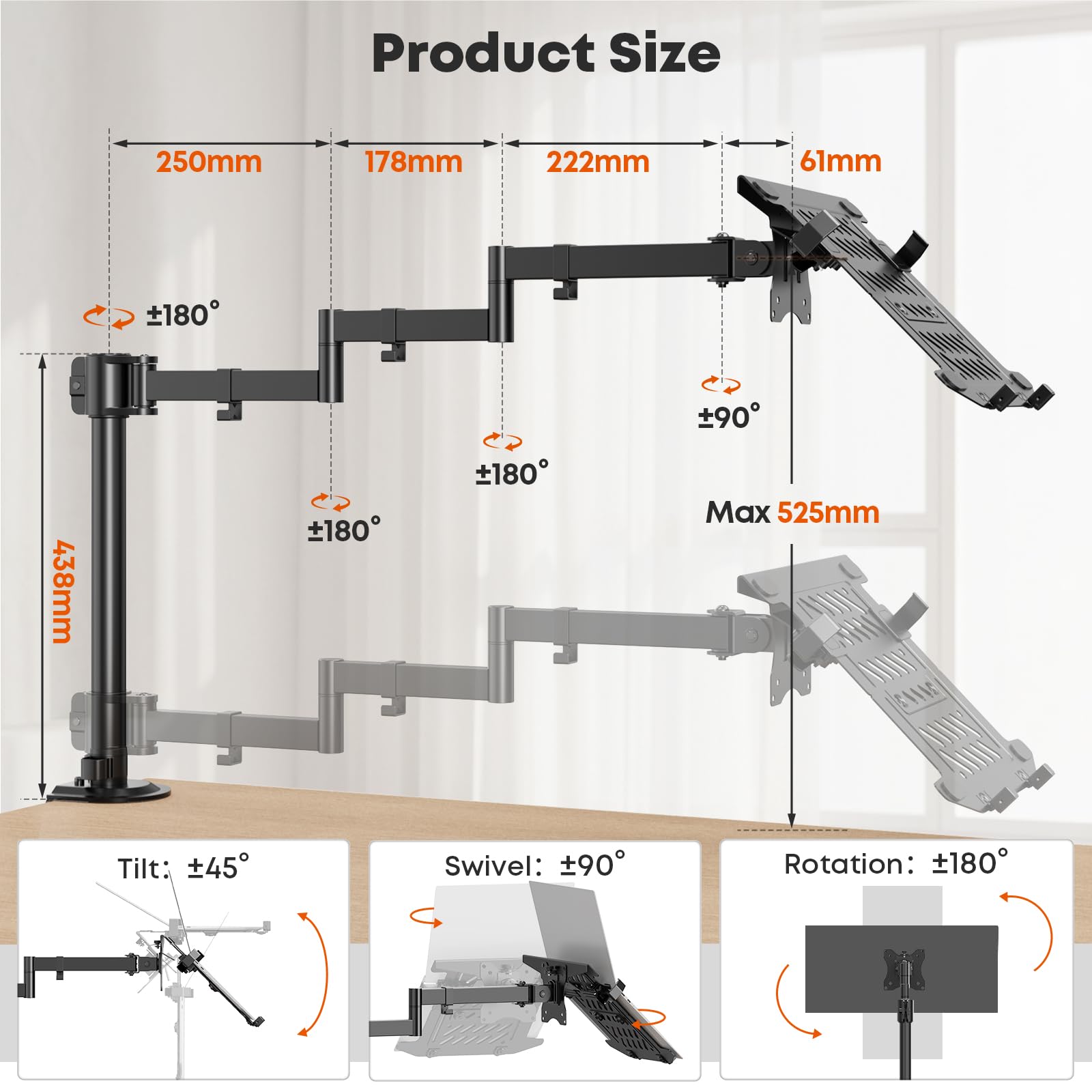 PUTORSEN Laptop Arm Halterung für 12-18 Zoll Laptop & 17-32 Zoll Monitor