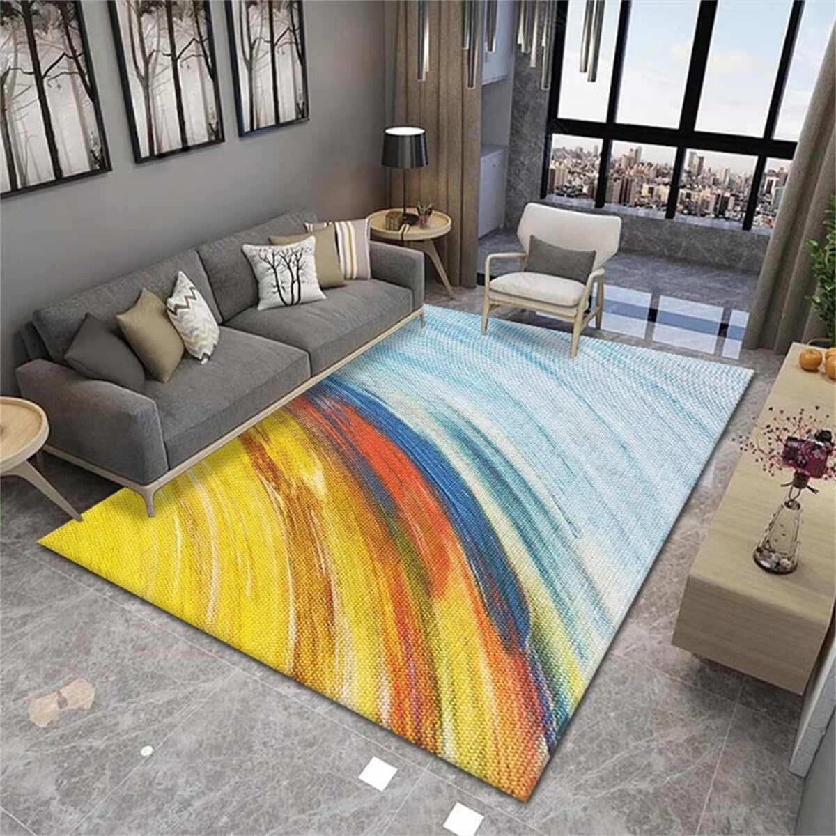 Tapis d'entrée extérieur 60x120cm bleu à rayures jaunes pour salon