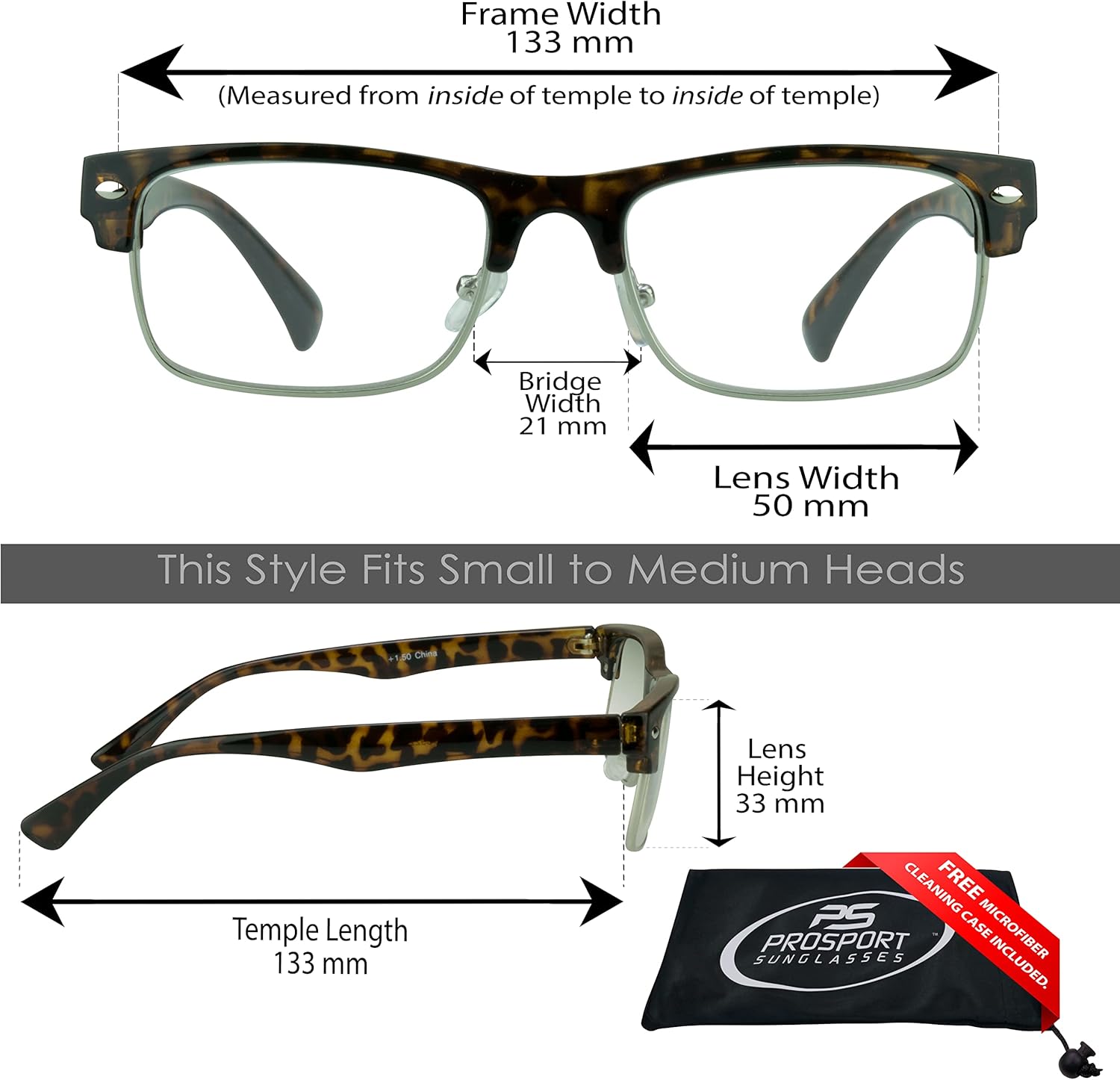 proSPORT Reading Glasses Men Women Horn Rimmed Stud Rectangular Full Readers