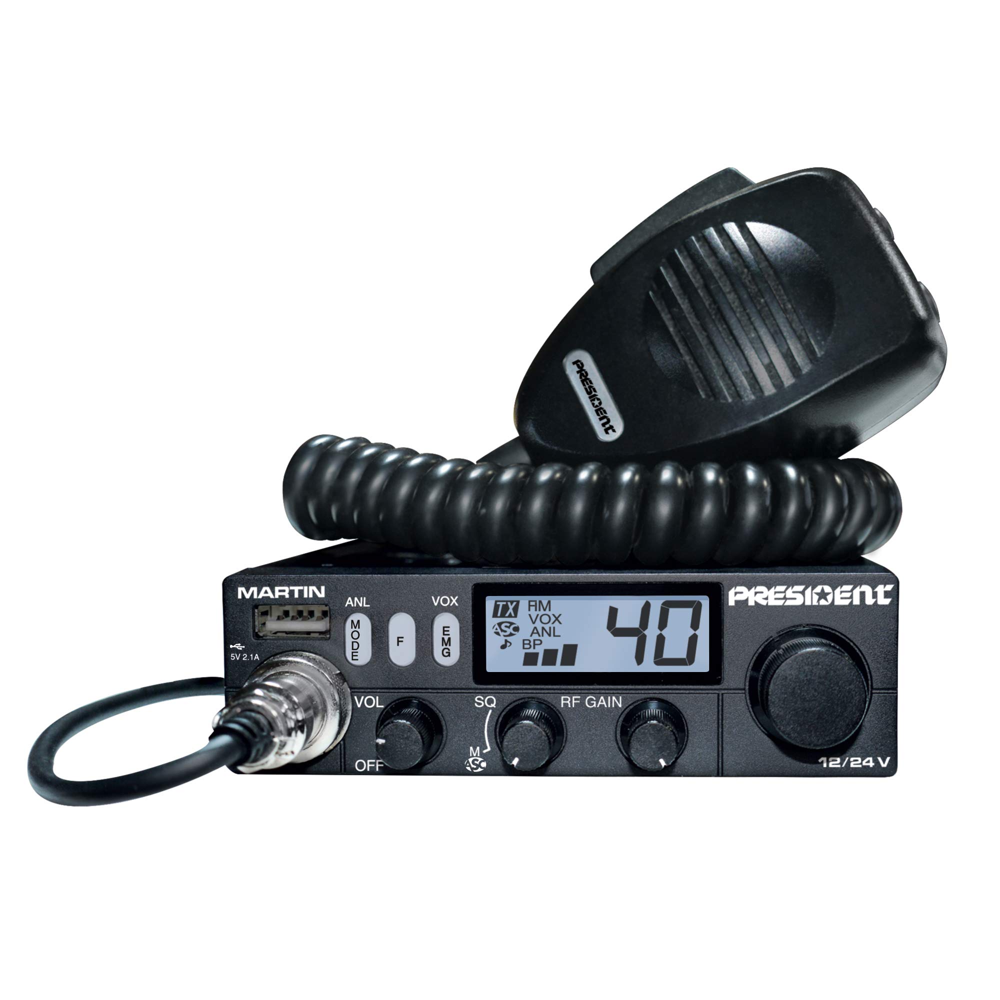 PRESIDENT Martin Multistandard 40CH AM/FM Roger Beep Scan ANL Filtre 4 W 12/24 V avec écran Multicolore