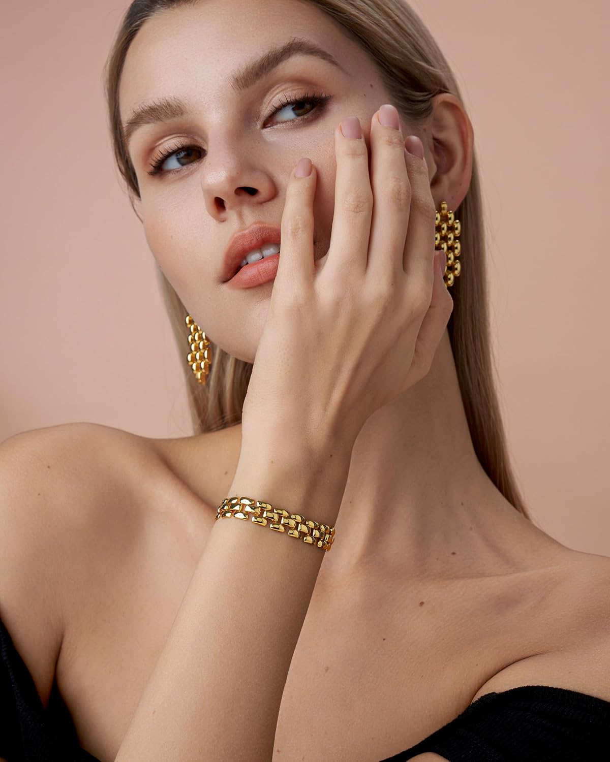 SNGIA Chunky 18K Gold Plated Rolo Link Chain Textured Ribbed Infinity Paperclip Chain Bracelet For Women by SNGIA, Dainty Simple Trendy Stackable Layered Patterned Statement Tennis Bangle Jewelry Gifts, Preppy Bohemian Vintage Handmade Unique Exaggerated Cute Chain Friendship Cuff, Summer Beach Everyday Fashion Nickle Free Accessories