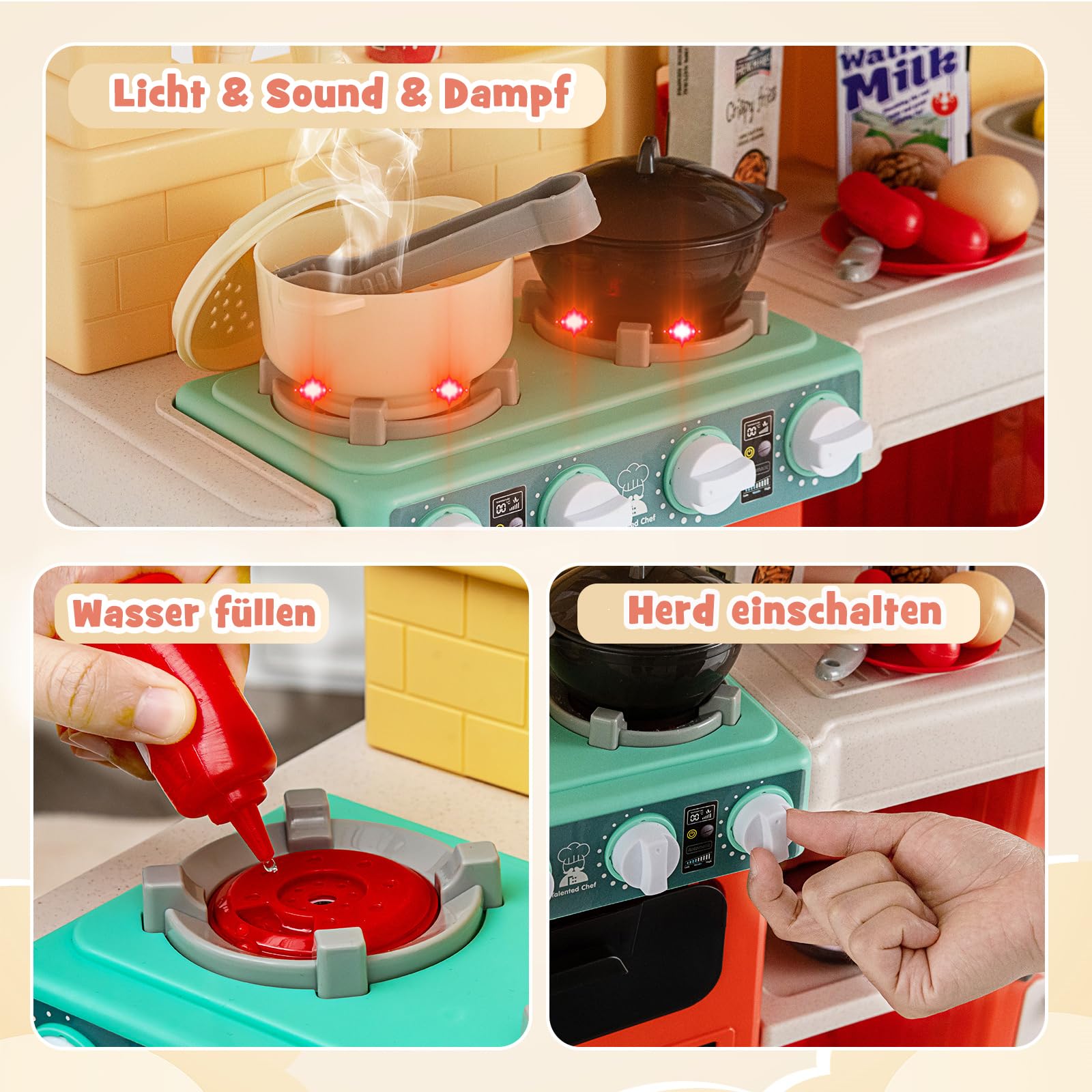 DREAMADE Kinderküche mit 42 TLG. Zubehör, Kinderspielküche mit Licht und Sound, Dampf, Wasser, Spüle, Wasserhahn, Herd, Backofen, Spielzeugküche, Spielküche für Kinder ab 3 Jahren (Orange)