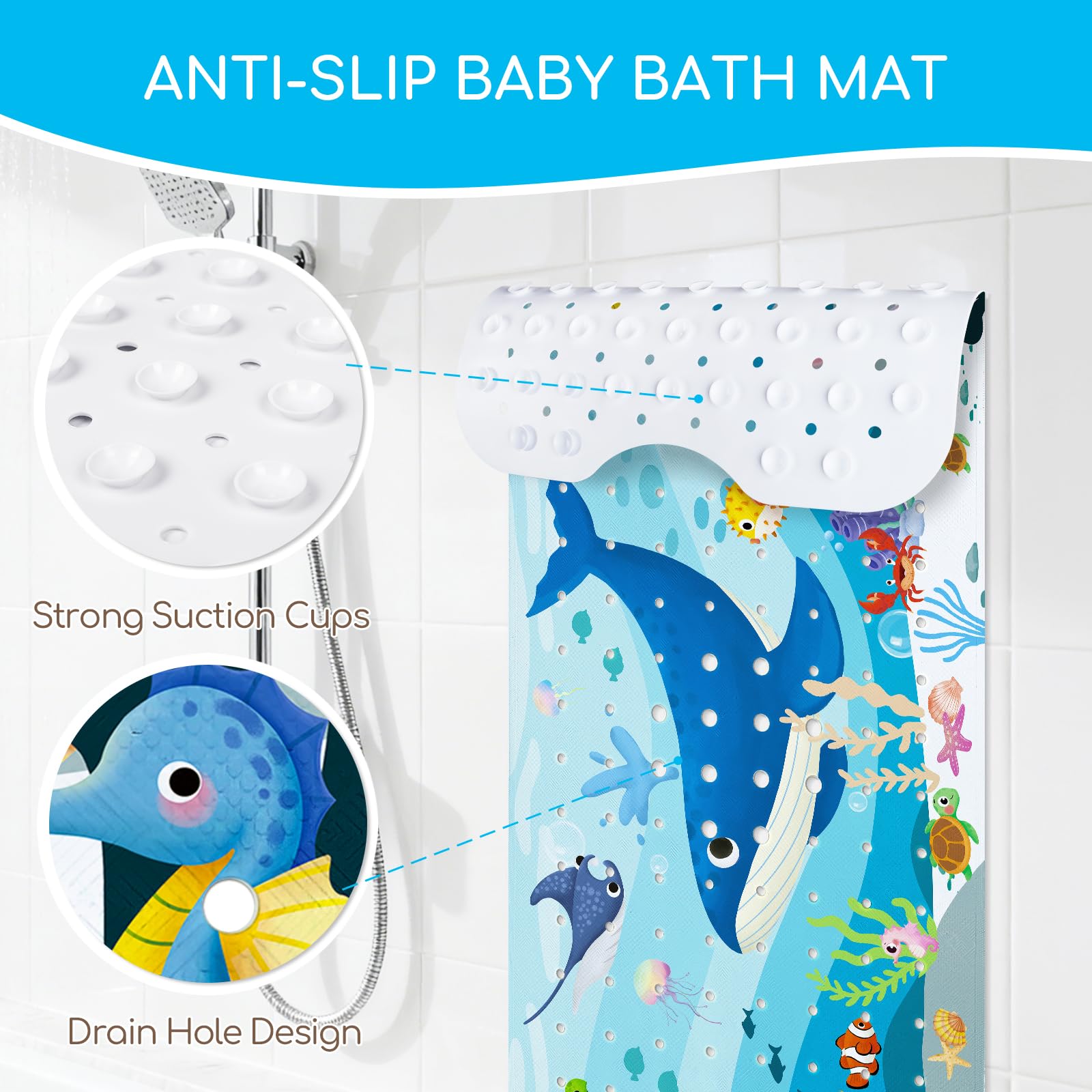 Tapis de Bain Antiderapant Baignoire Bebe 100x40 cm, Extra Tapis Salle de Bain Antidérapant pour Enfants et Bébé avec 200 Ventouse Matériel de PVC, sans BPA et Lavable en Machine - Baleine