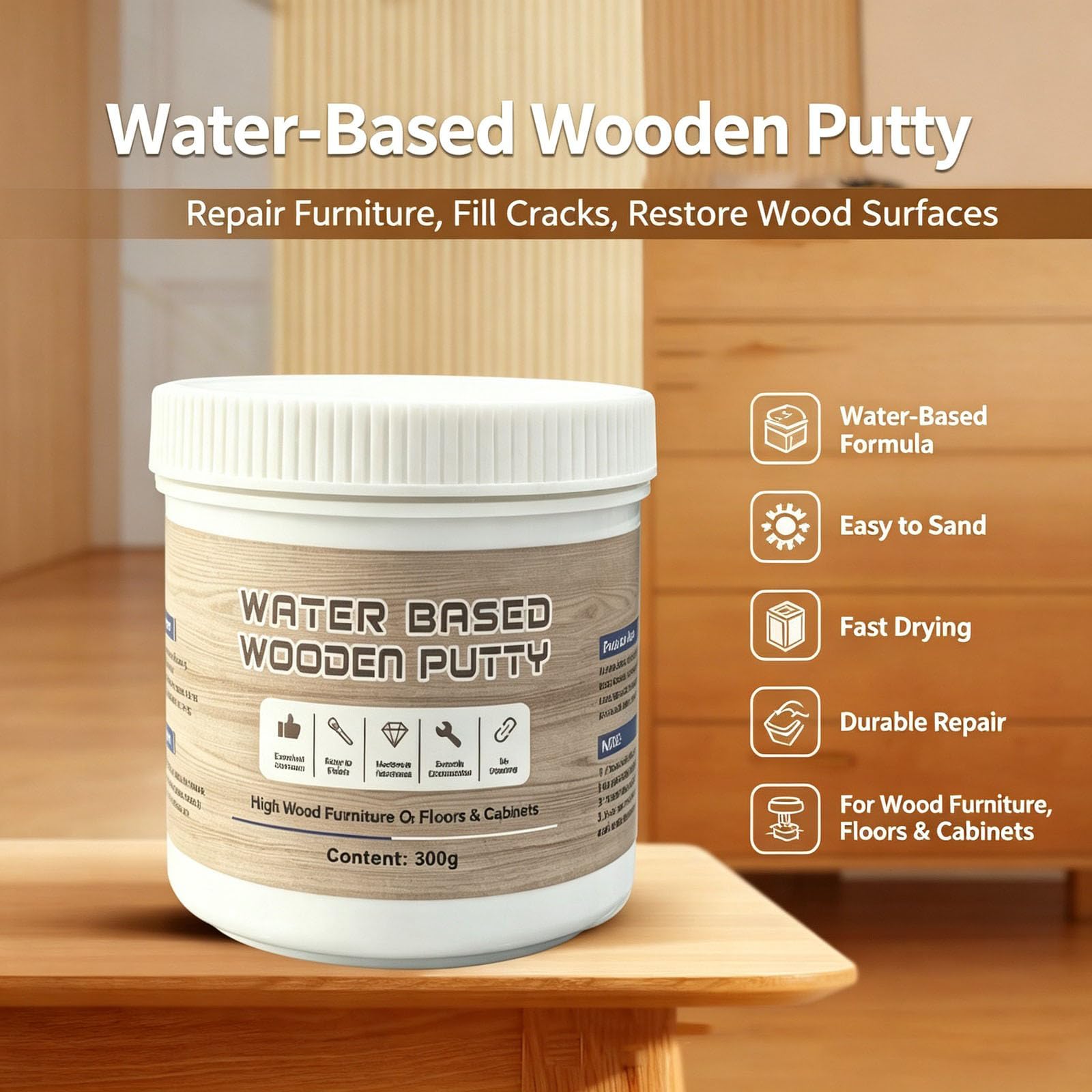 Mastic bois blanc à base d'eau pour réparer meubles et fissures (3Pcs)