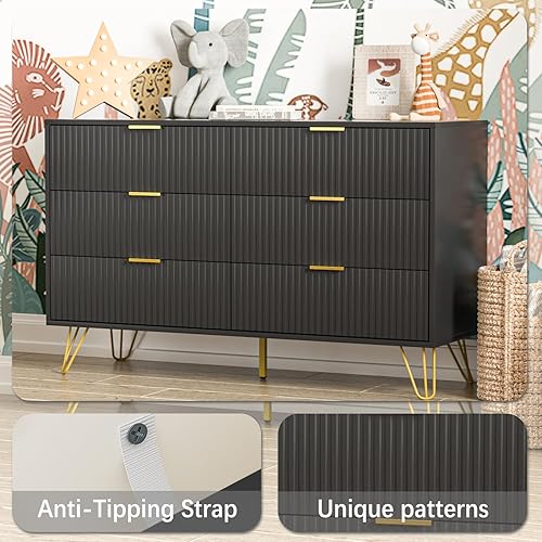 Miniatura 5 de Cómoda para dormitorio, cómoda moderna de 6 cajones con asas doradas, cómoda ancha para sala de estar, color negro