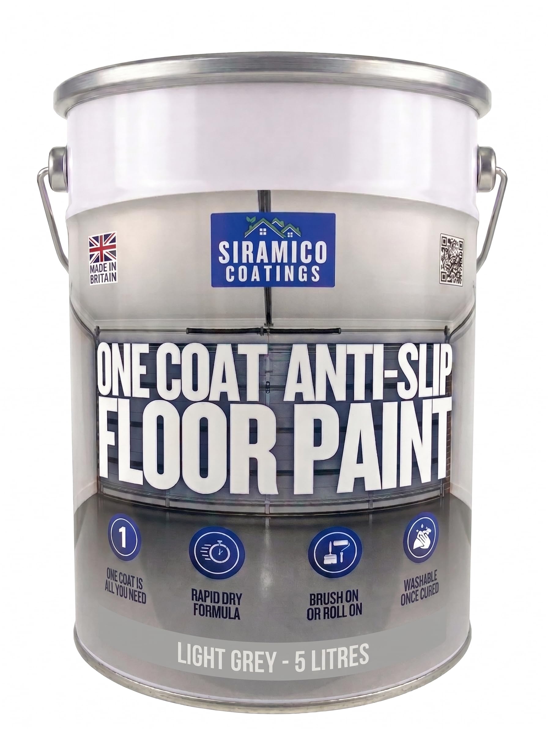 SIRAMICO COATINGS One Coat Anti-Slip Floor Paint | 5 Litres | 5 Modern Colours I Waterbased, Quick Drying Formula | White, Black, Greys (Light Grey, 5 Liters)