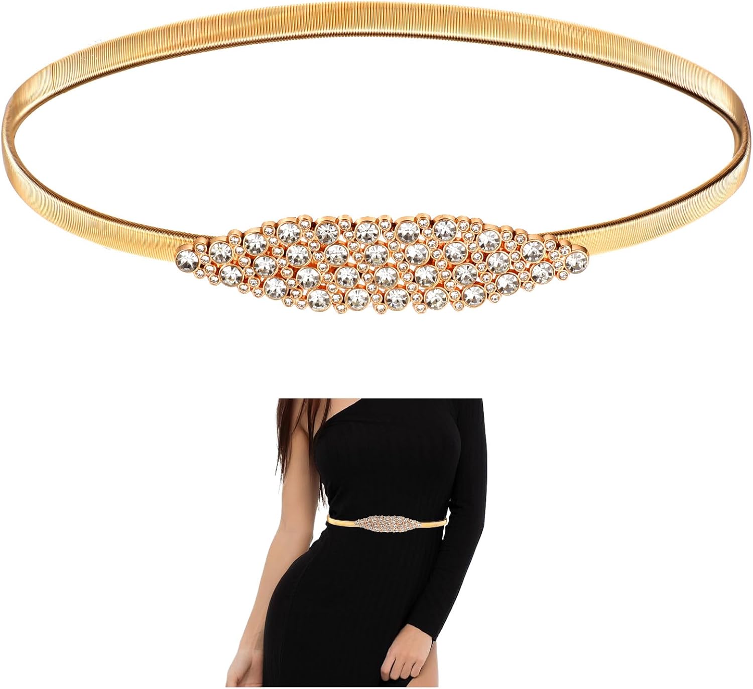 Women Skinny Stretch Metal Waist Belt, Thin Elastic Chain Belt for Dress, Rhinestone Belts gold Belts for Women(Adjustable from 23.62 inches to 28.34 inches)