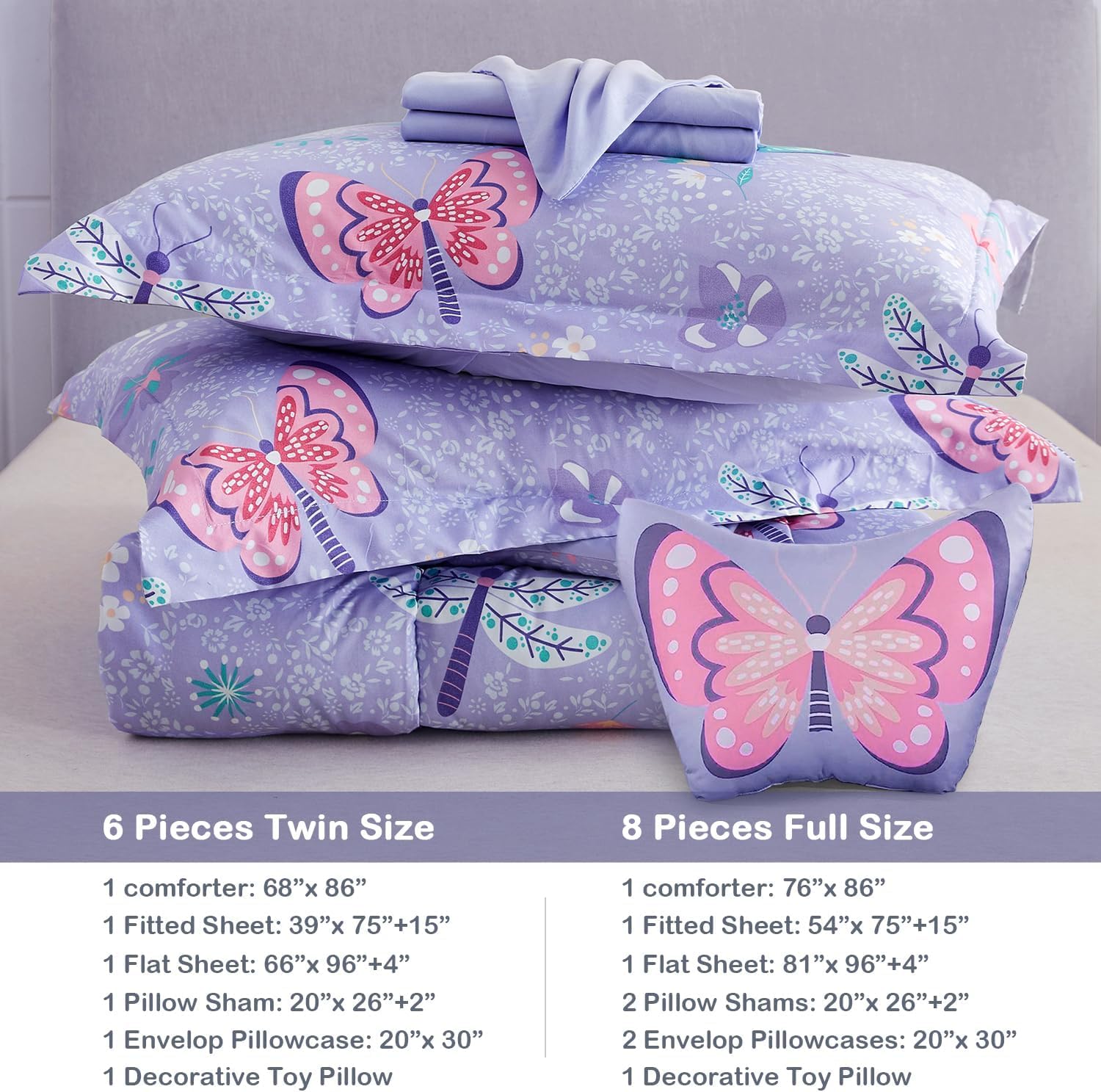 Mooreeke Kids Twin Comforter Sets for Girls 6 Pieces Butterfly Purple Bedding Set for Teens Soft Microfiber Kids Bed in A Bag with Comforter, Sheet Set, Shams and Decorative Toy Pillow All Season - Image 6