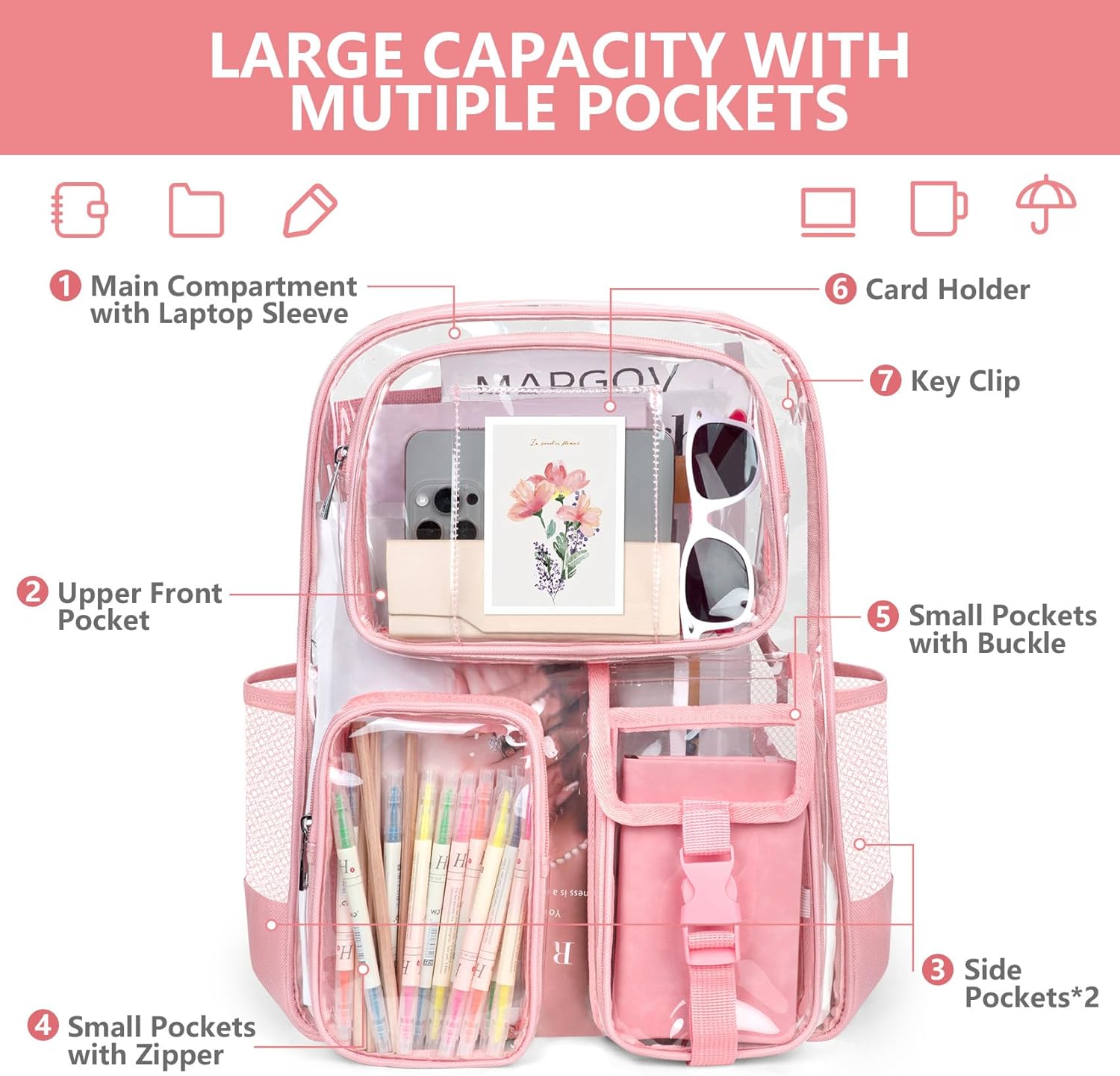 Attmu Clear Backpack for School, Heavy Duty PVC Transparent Bookbag with Reinforced Straps Stitches, Clear Bag for Stadium Events Girls Boys, Large Capacity Backpack for Security College Work - Pink