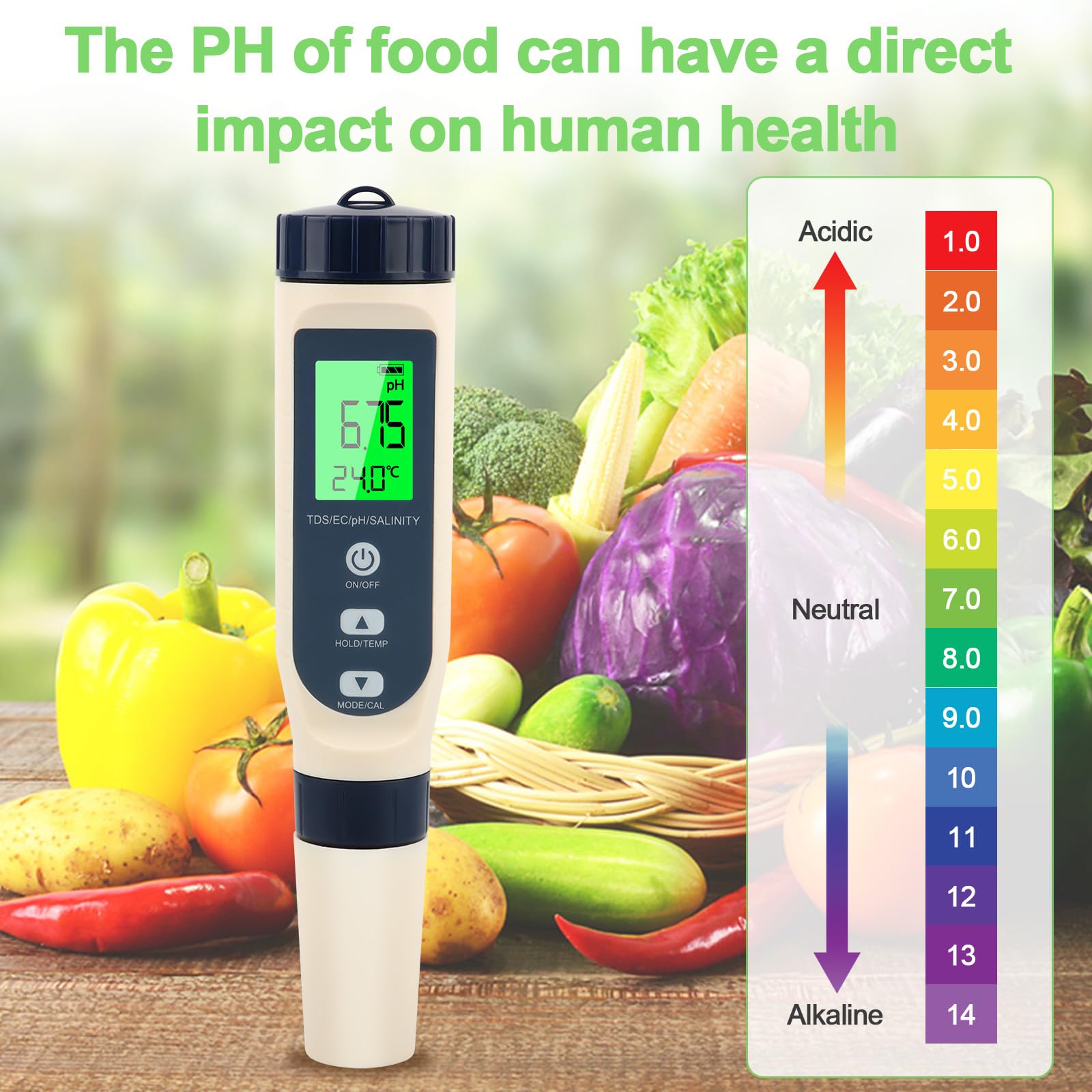 Misuratore PH 5 in 1 ad alta precisione – PH/EC/TDS/salinità/termometro con compensazione automatica della temperatura, display LCD – ideale per acqua potabile, piscina, acquario, idroponica