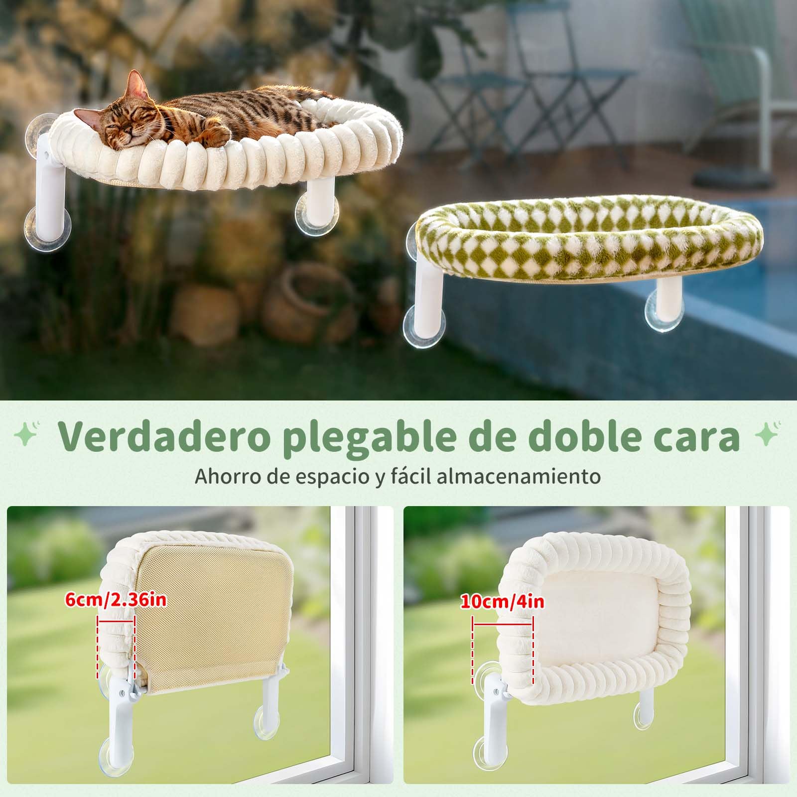 GUUSII HOME Hamaca Gato Ventana Plegable Cama con Ventosa Fuerte Gatos Grande Colgante Soporte Camita para Gatitos de Interior con Alfombra Reversible Cat Window Perch Bed 54 * 30cm (Camello Claro, M)