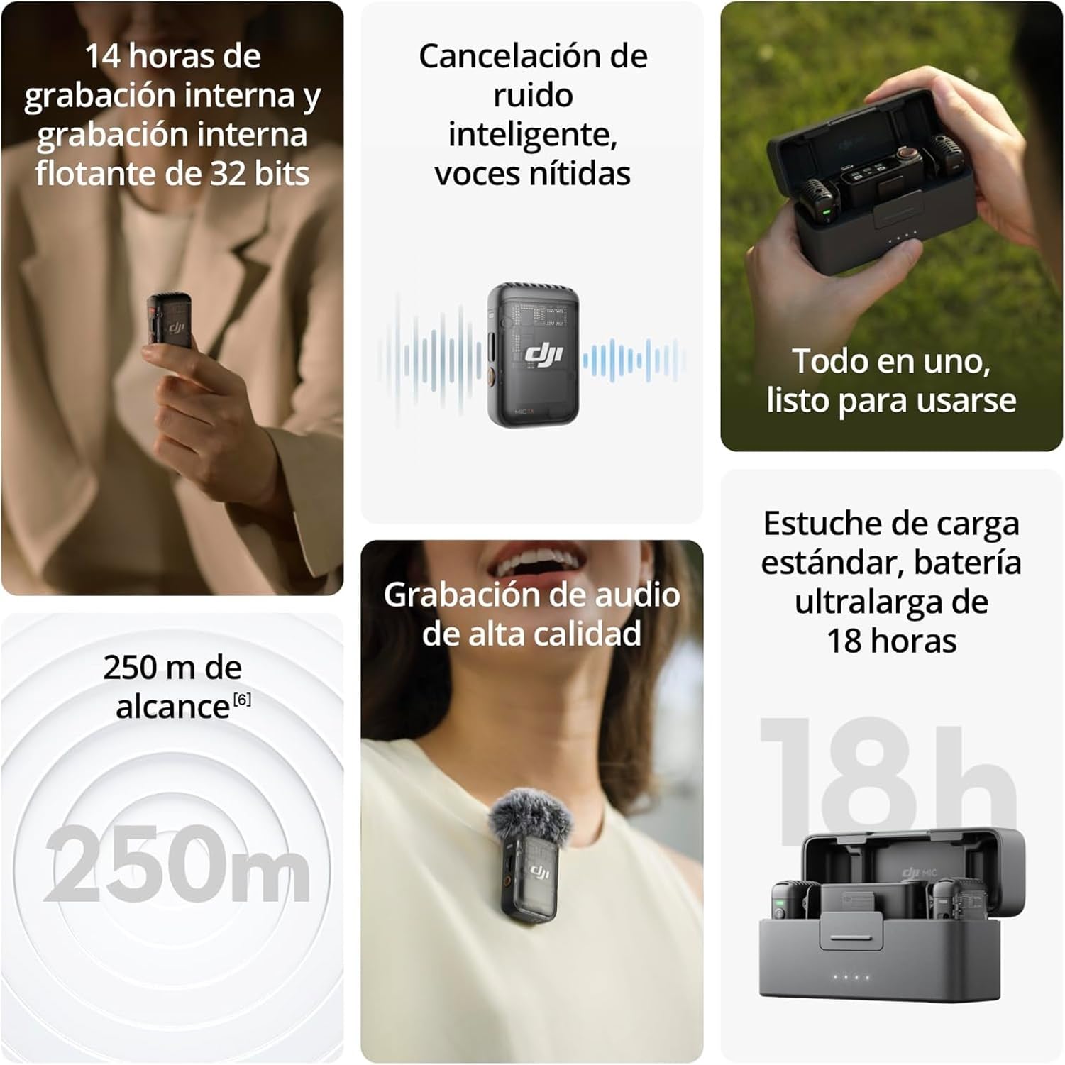 DJI Mic 2 (2 TX + 1 RX + Estuche de carga), todo en uno, micrófono inalámbrico, cancelación de ruido inteligente, grabación interna flotante de 32 bits, micrófono para iPhone y Android