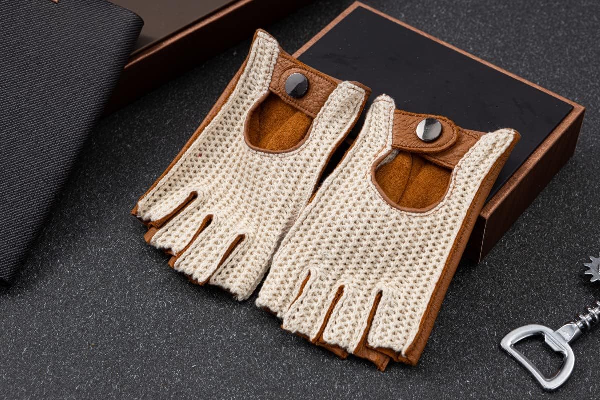Fingerless Deerskin Leather Crochet String Back Gloves or Men - Driving, Motorcycle, Riding and Cycling